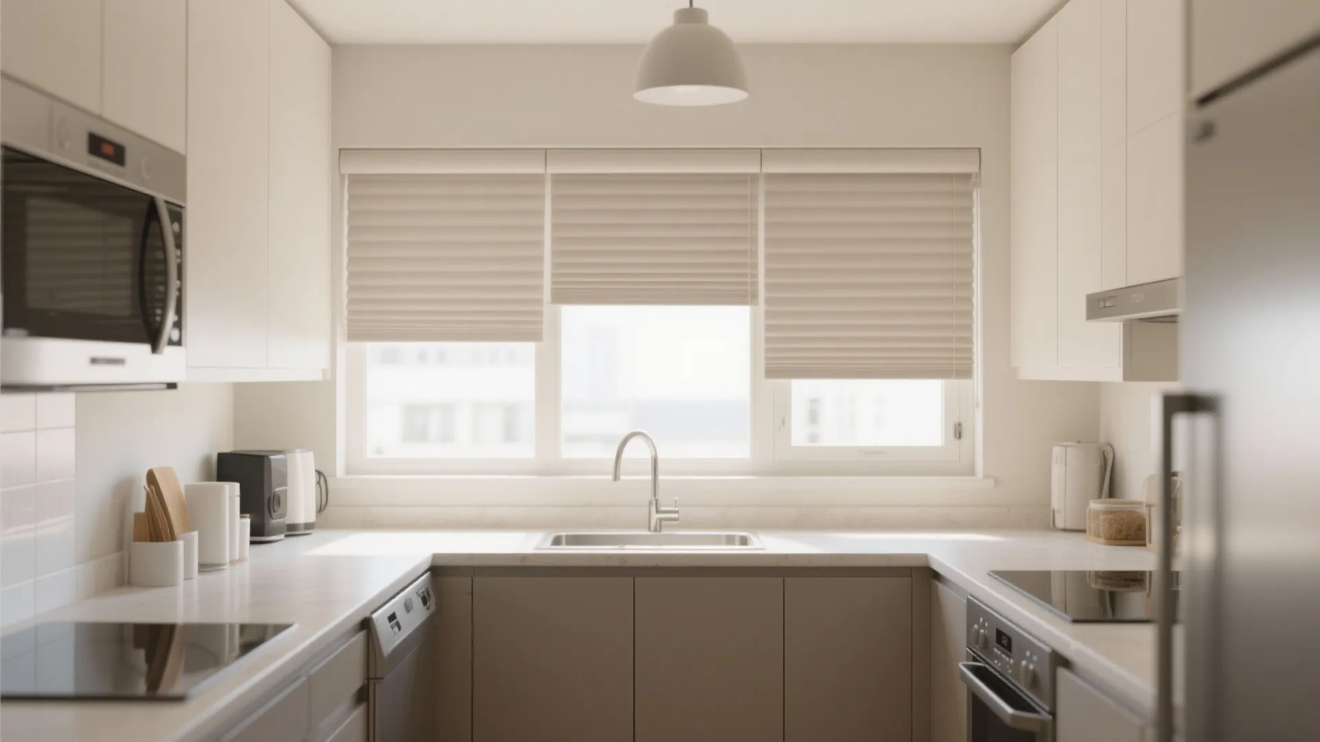 Minimal neutral-colored roller shades in modern kitchen