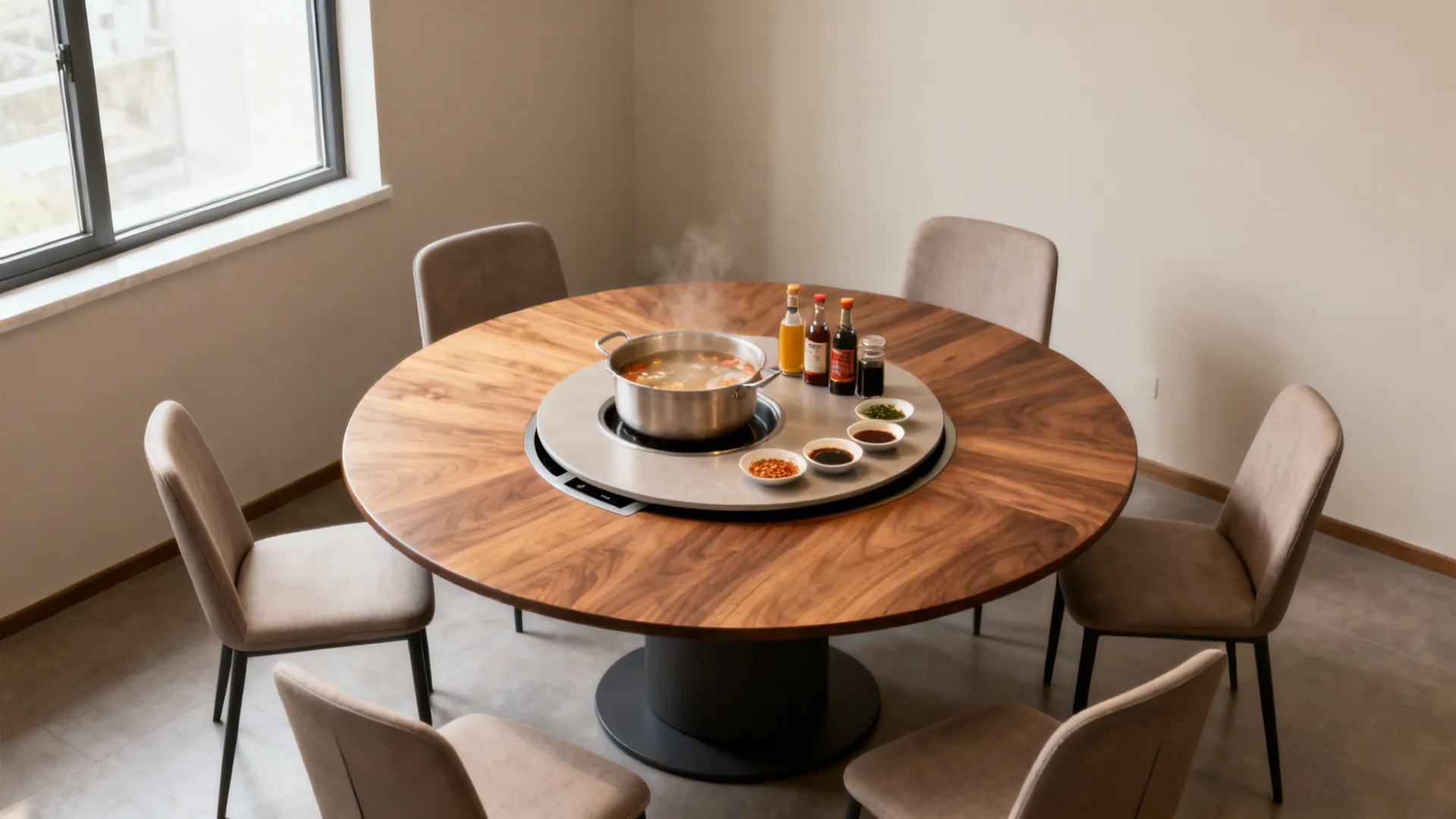 Large round wooden dining table with six chairs and a steaming hot pot in the center