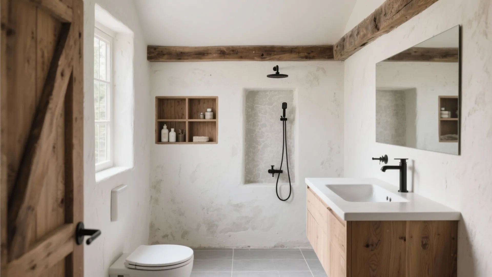 Rustic bathroom with white walls, wooden beams, wood cabinet, mirror, toilet, and black shower head