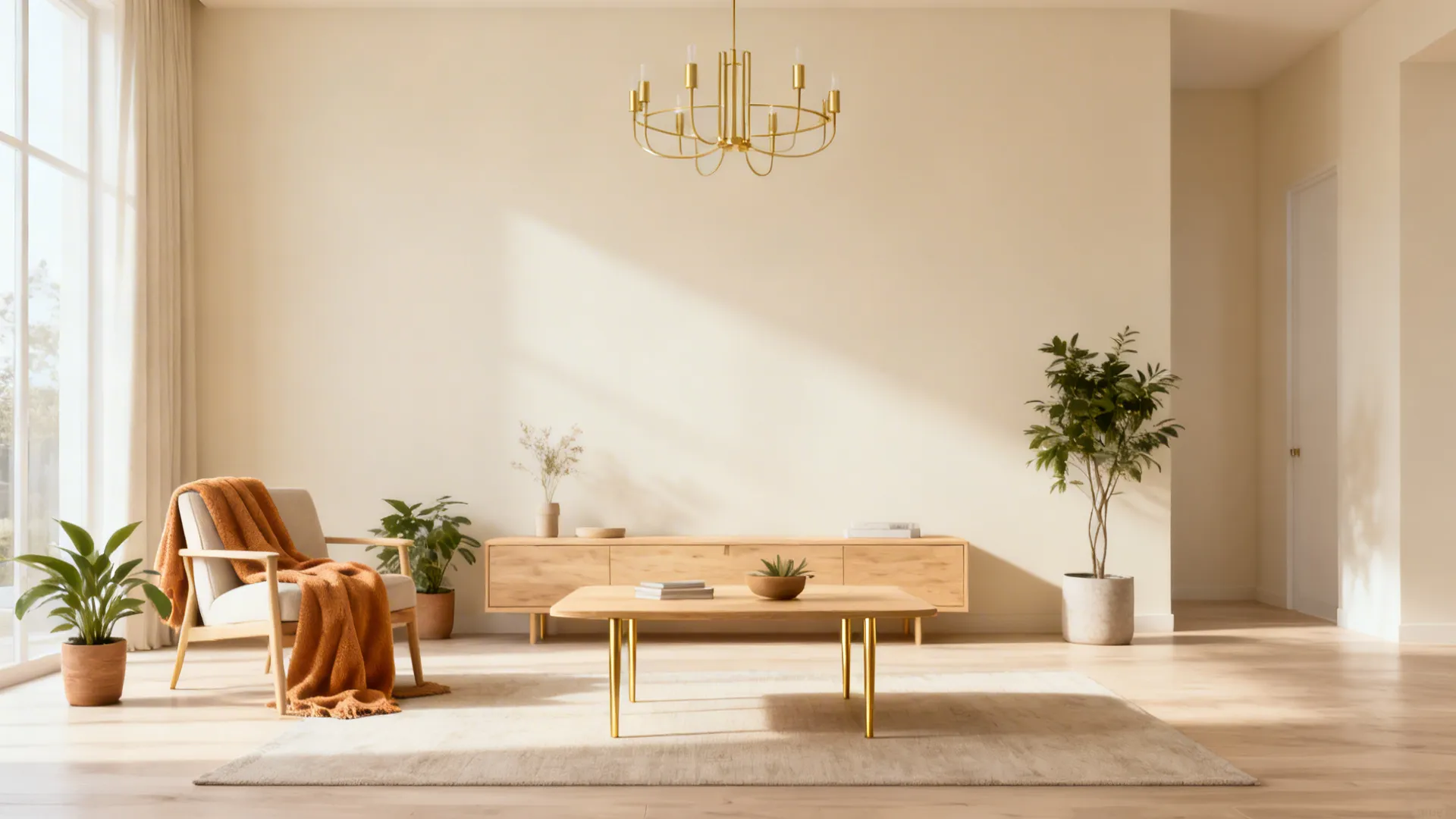 Minimal Scandinavian living area with cream palette, light wood and slim gold details.