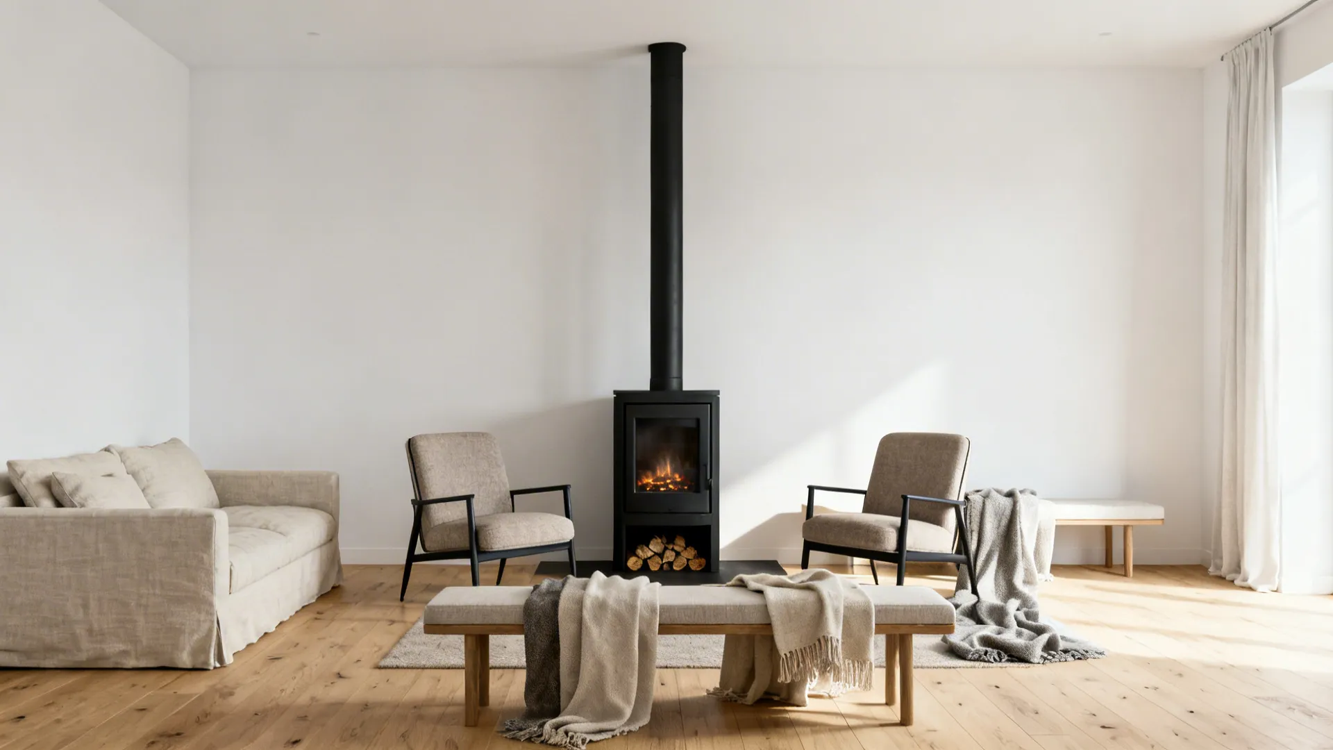 Minimal Scandinavian living room with a black stove, linen sofa and light oak floors.
