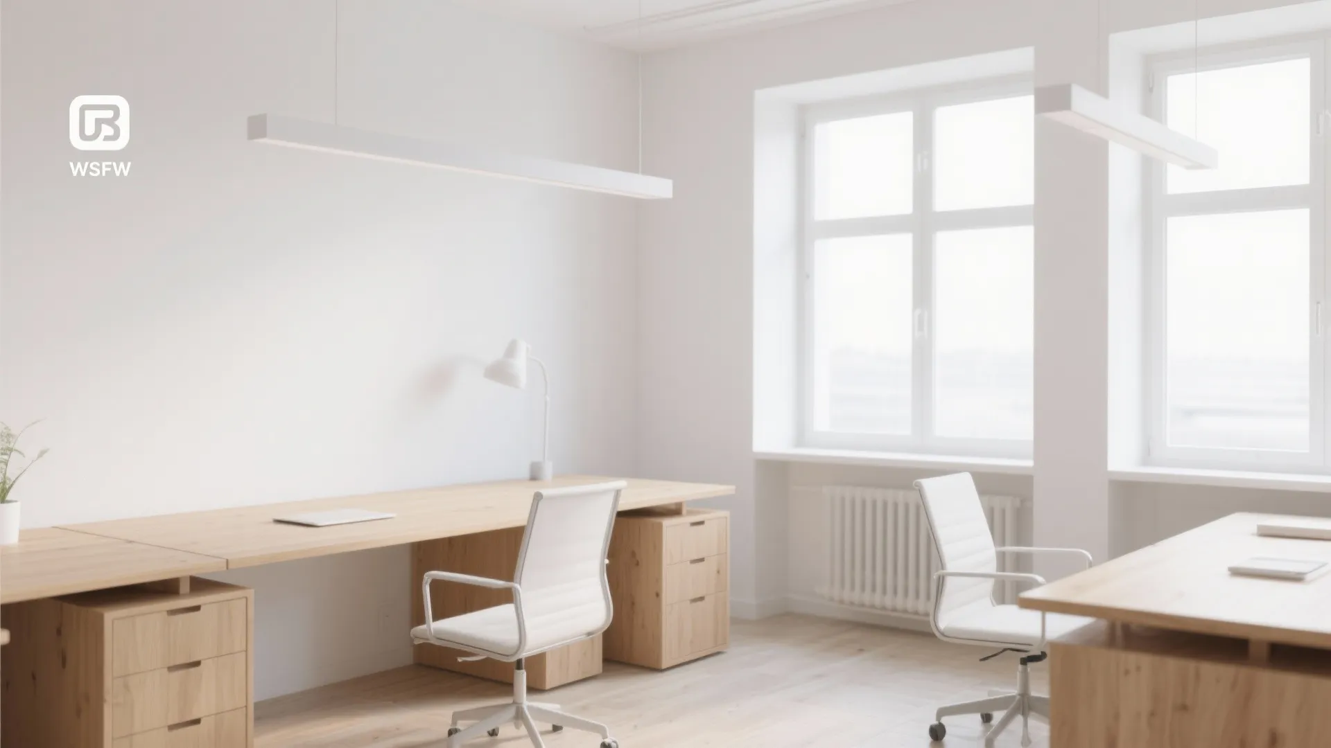 Bright minimalist office with wooden desks white chairs large windows and modern white linear ceiling light