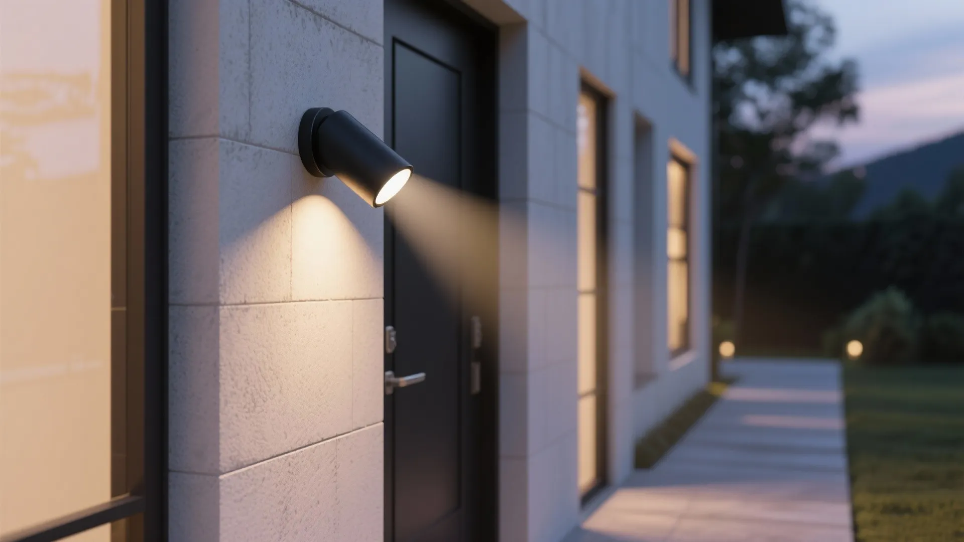 Black outdoor wall light shining onto white brick wall near a dark house entrance door