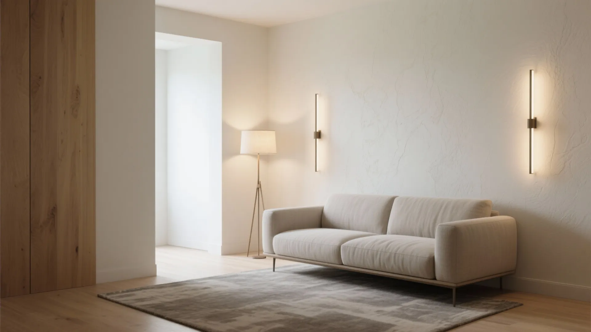 1) Minimal sconce lines that soften the perimeter