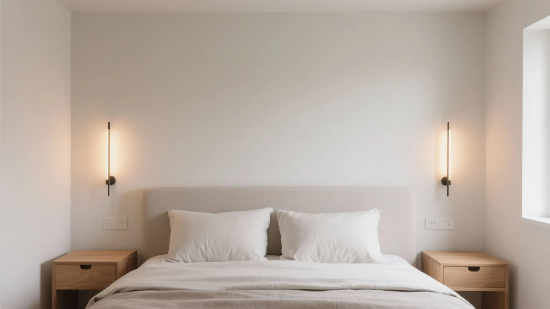 Minimalist dimmable sconces above a headboard casting a warm, soft glow in a small bedroom.