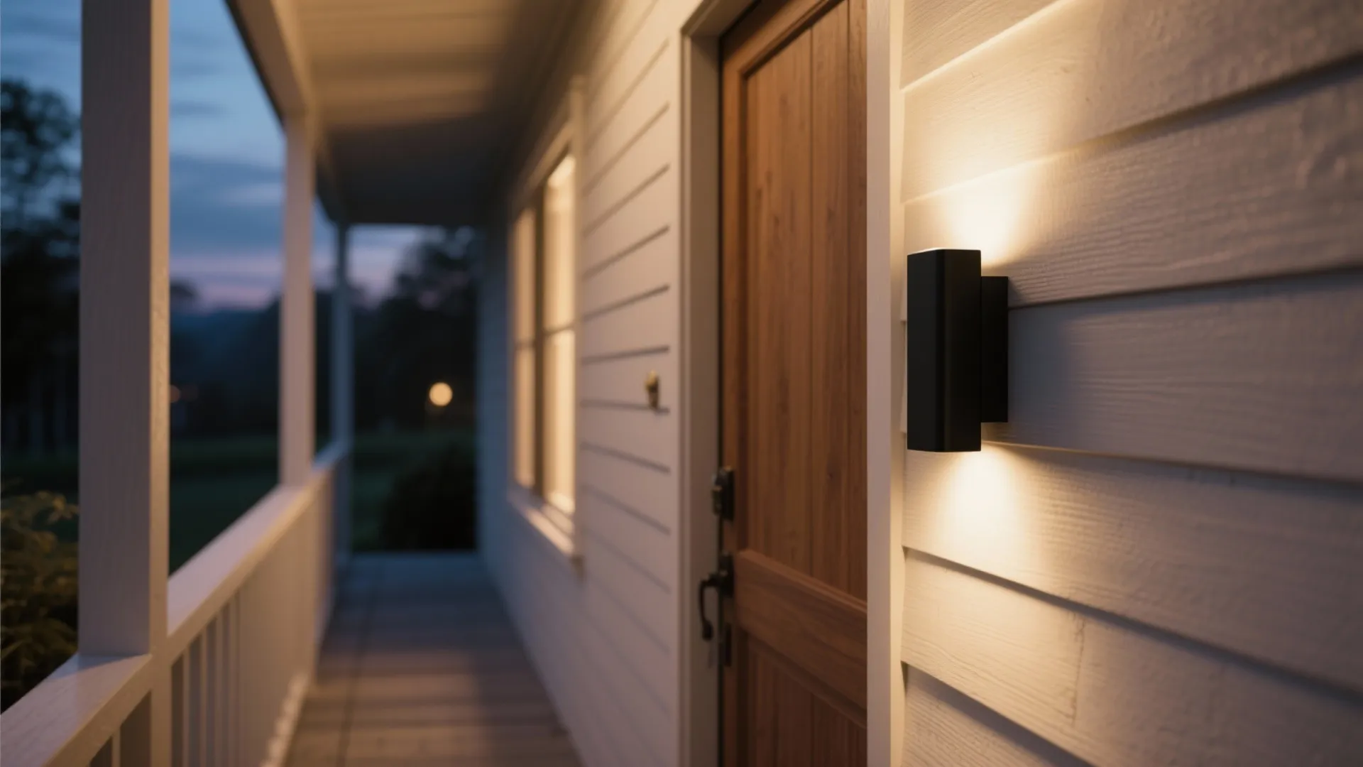 Modern black wall light on white siding next to wooden door lighting a long porch