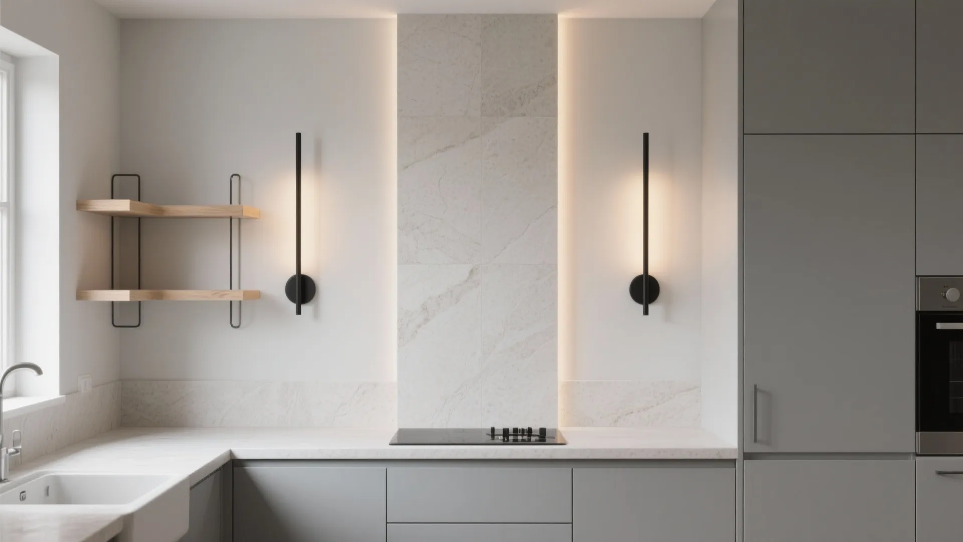 Sleek grey kitchen with marble backsplash black wall lights wooden shelves white sink and induction stove