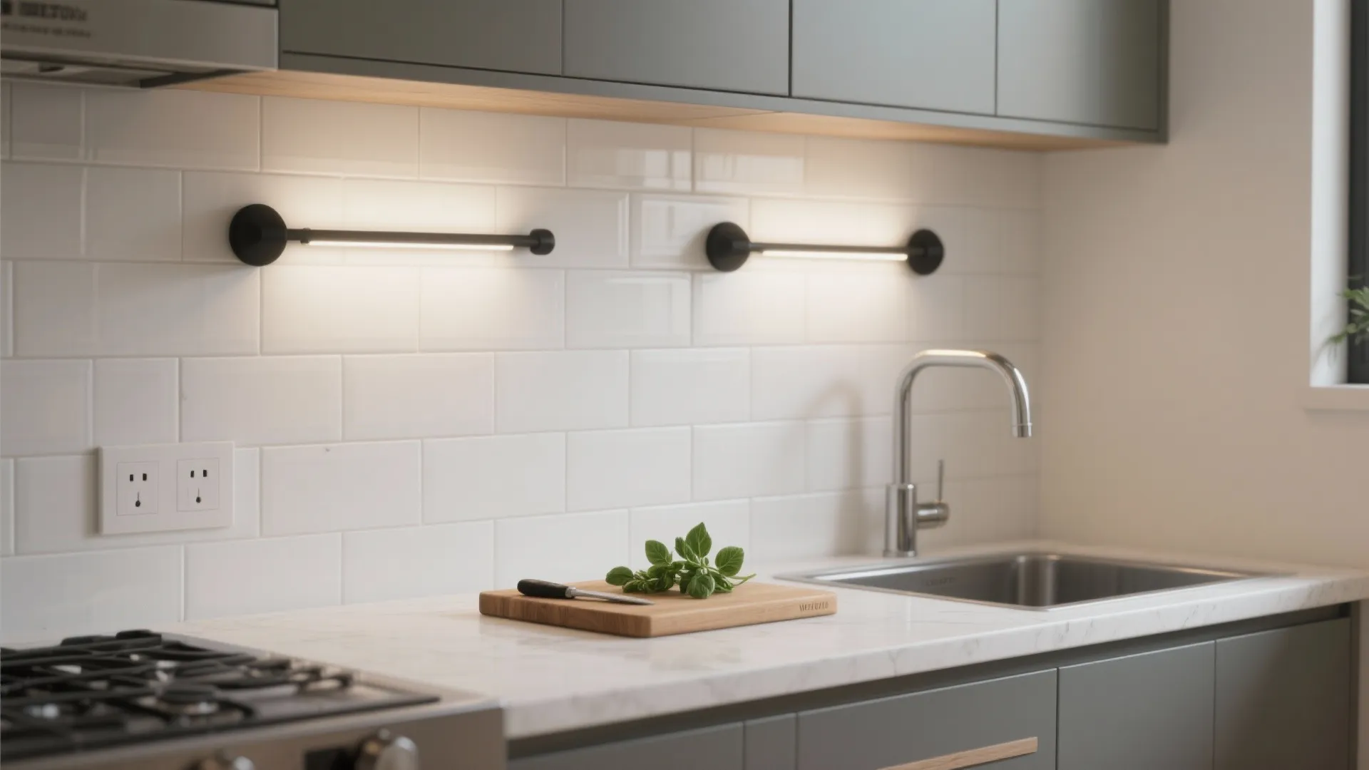 Modern kitchen with white tiles black wall lights marble countertop sink and wooden cutting board decor