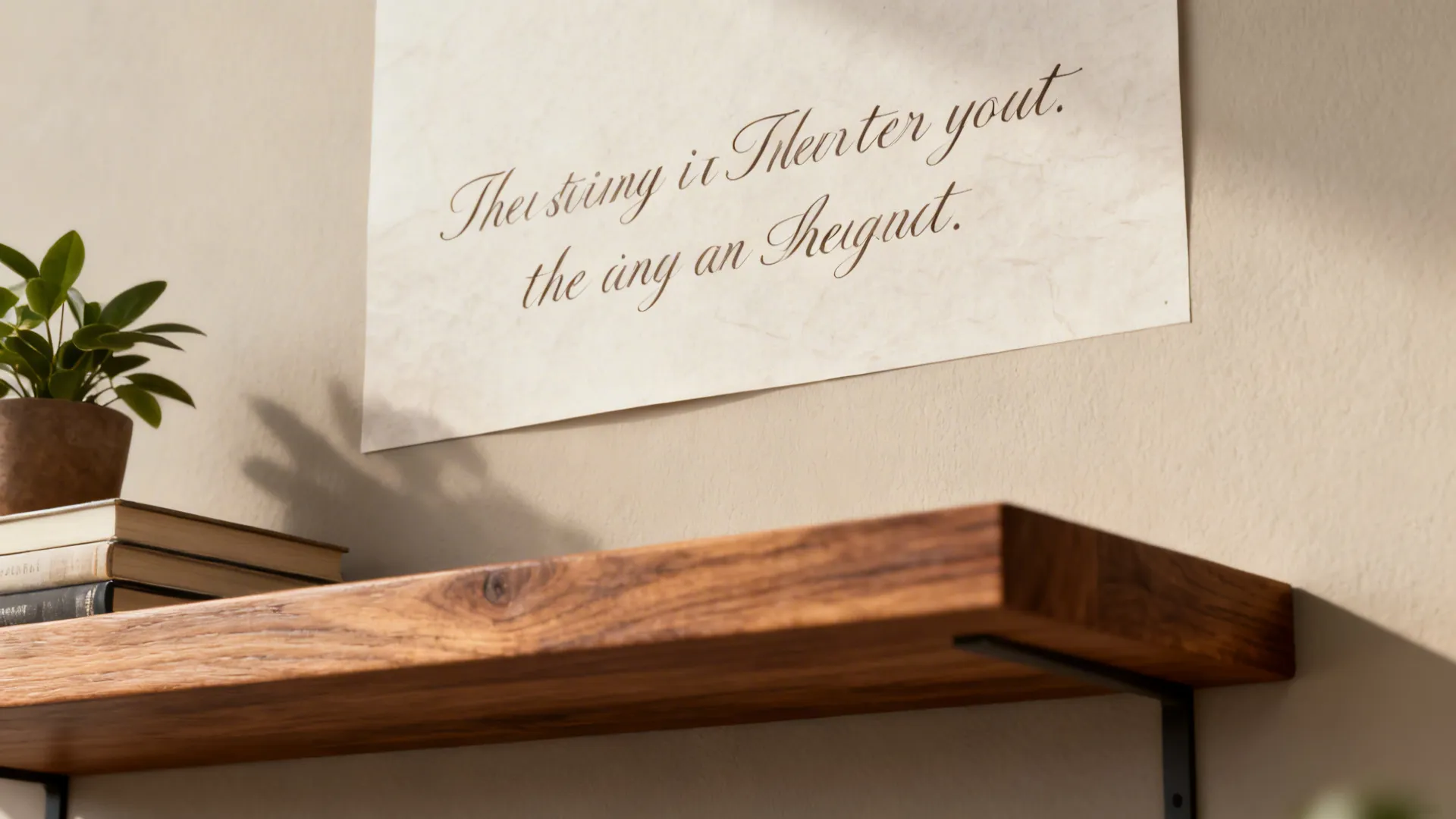 Close-up of a thin script wall quote above a floating shelf with books and a plant.