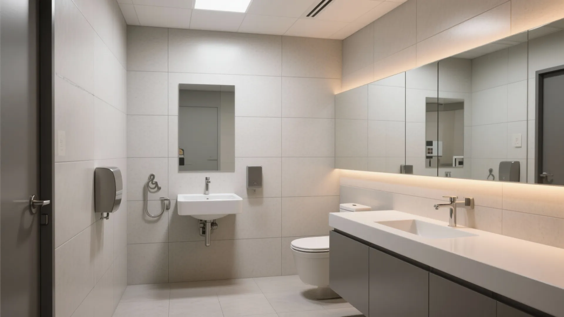 Minimalist bathroom design with white tiled walls large mirrors light fixture and floating cabinet vanity