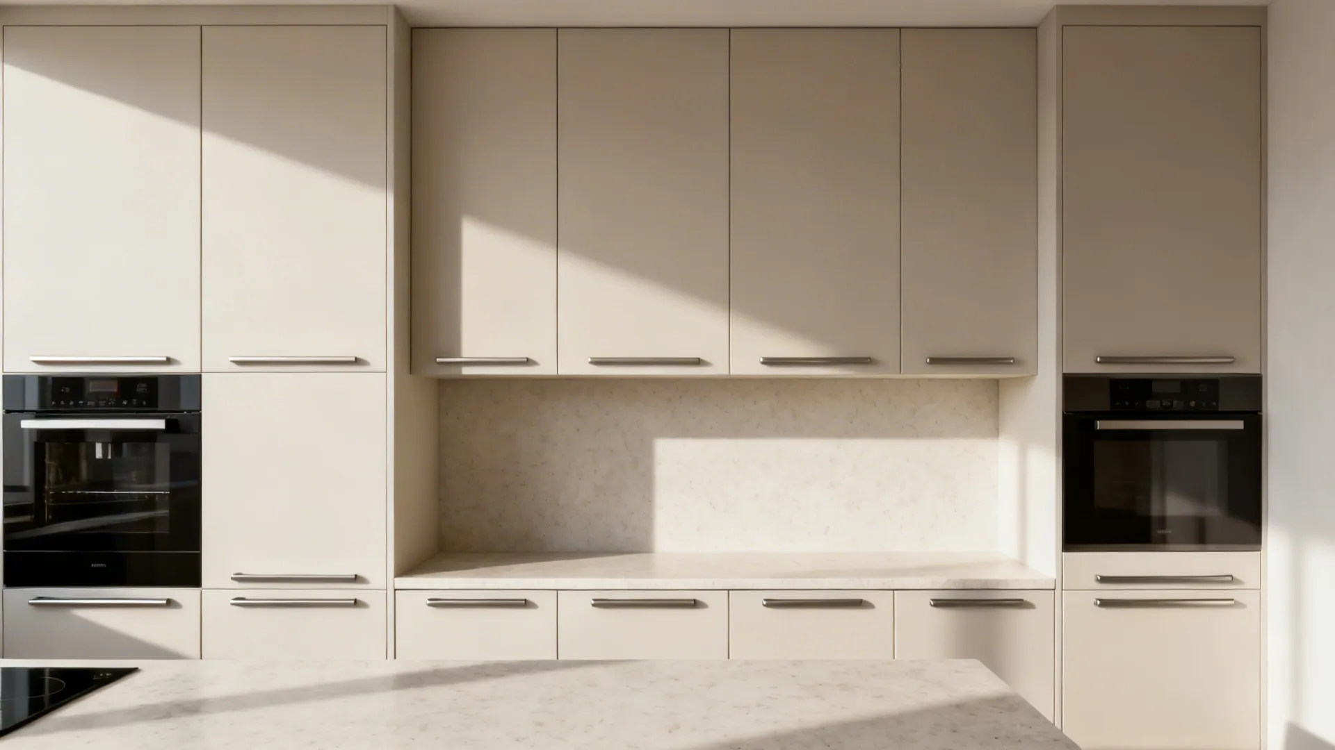 Flat-front matte cabinets with integrated pulls and continuous lines in a small kitchen.