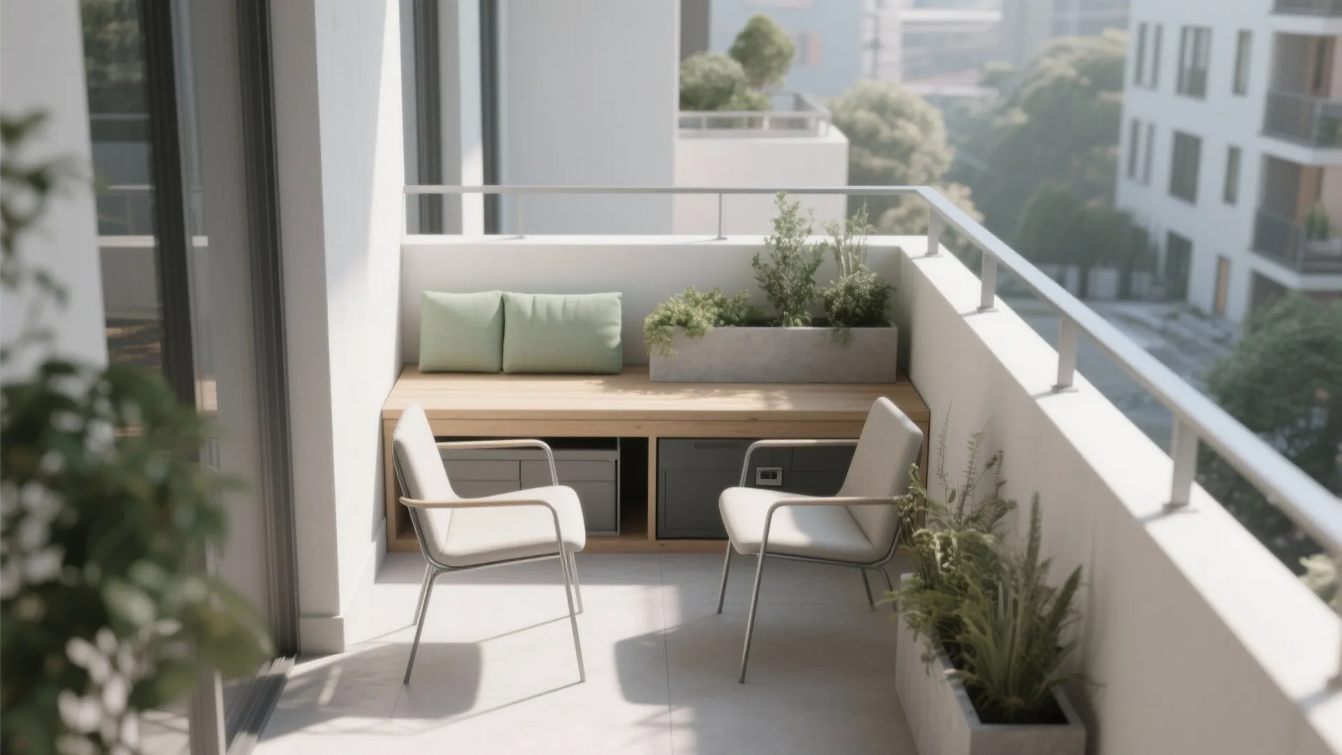 Small sunny balcony featuring two white chairs, wooden bench, green cushions, and grey concrete planter
