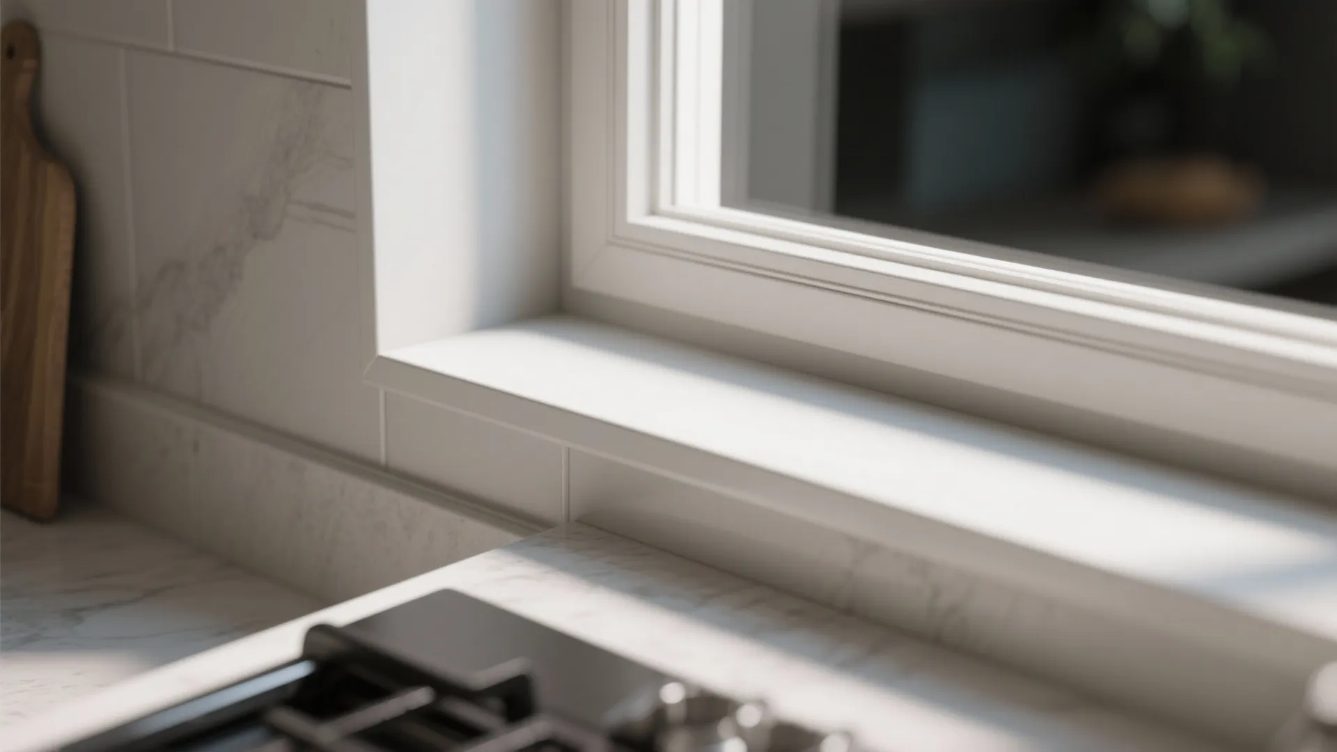 Close up of a white window frame with clean lines next to marble kitchen countertop