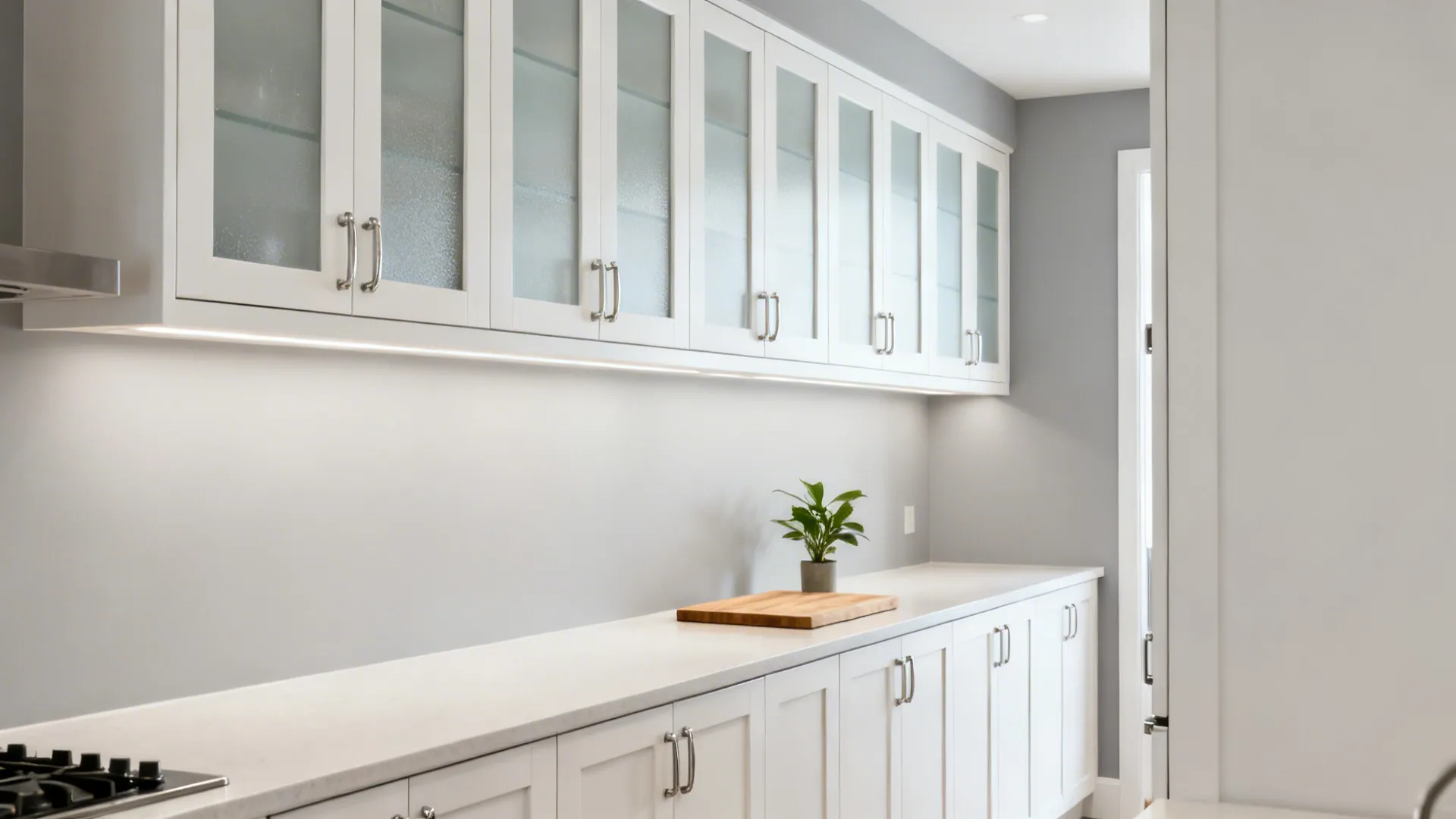 Slim-rail Shaker cabinets with satin-etched frosted glass in a bright galley kitchen.