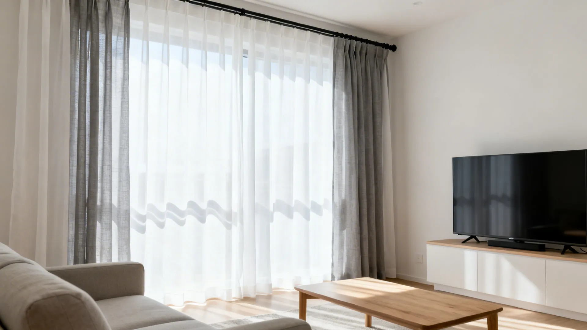 Airy off-white sheer curtains diffuse daylight in a small modern drawing room.