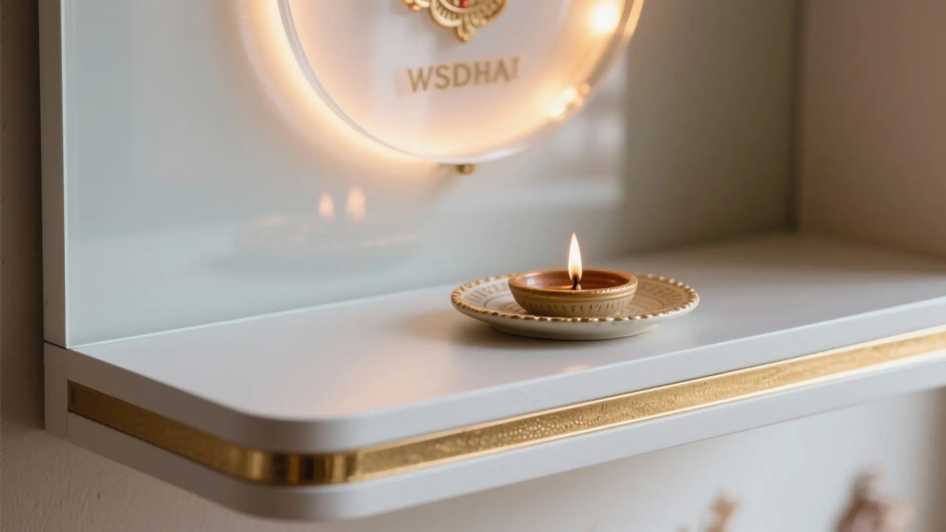 White wall shelf with gold trim holding a small burning candle under soft warm light