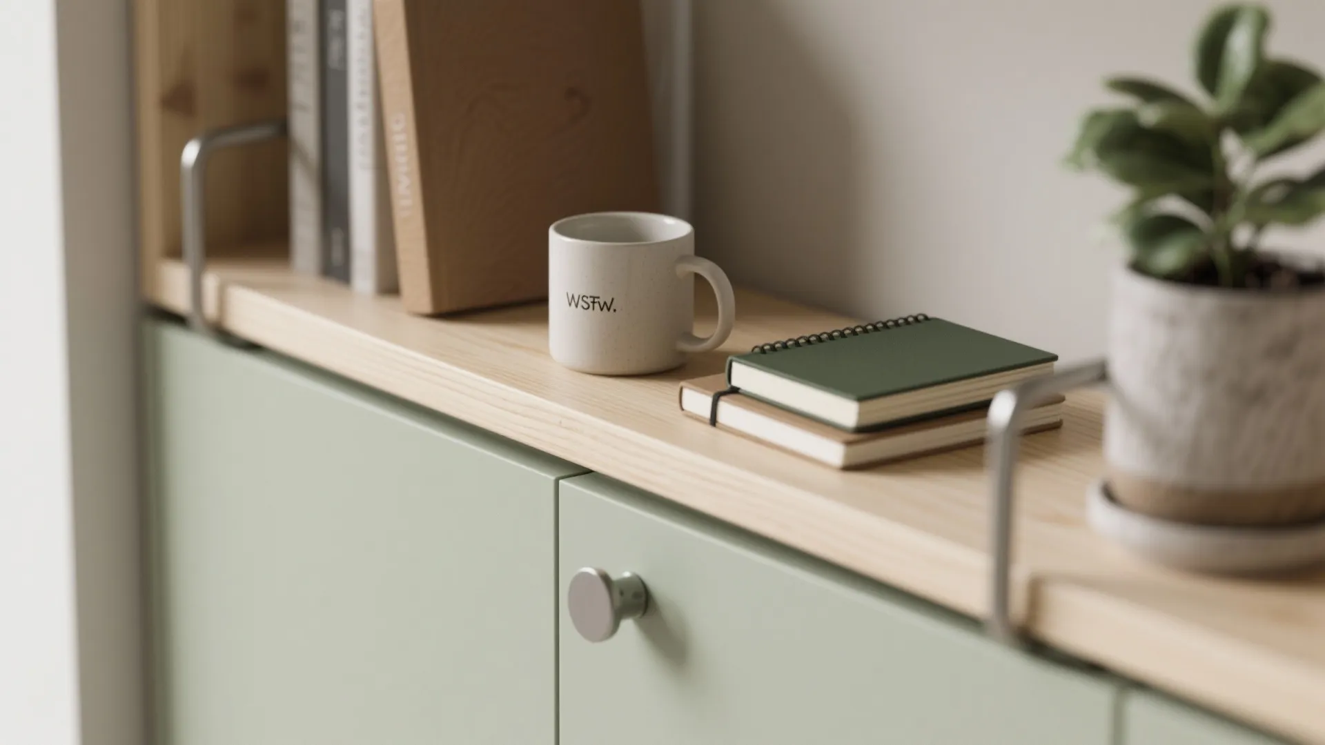 Wooden shelf on green cabinet with white mug green notebooks small potted plant and books