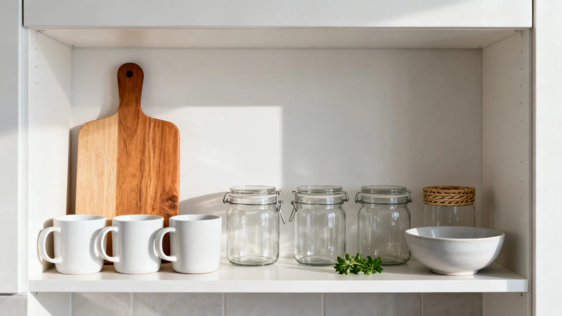 Open shelf with white ceramics, clear jars, and a warm wood board grouped by use.