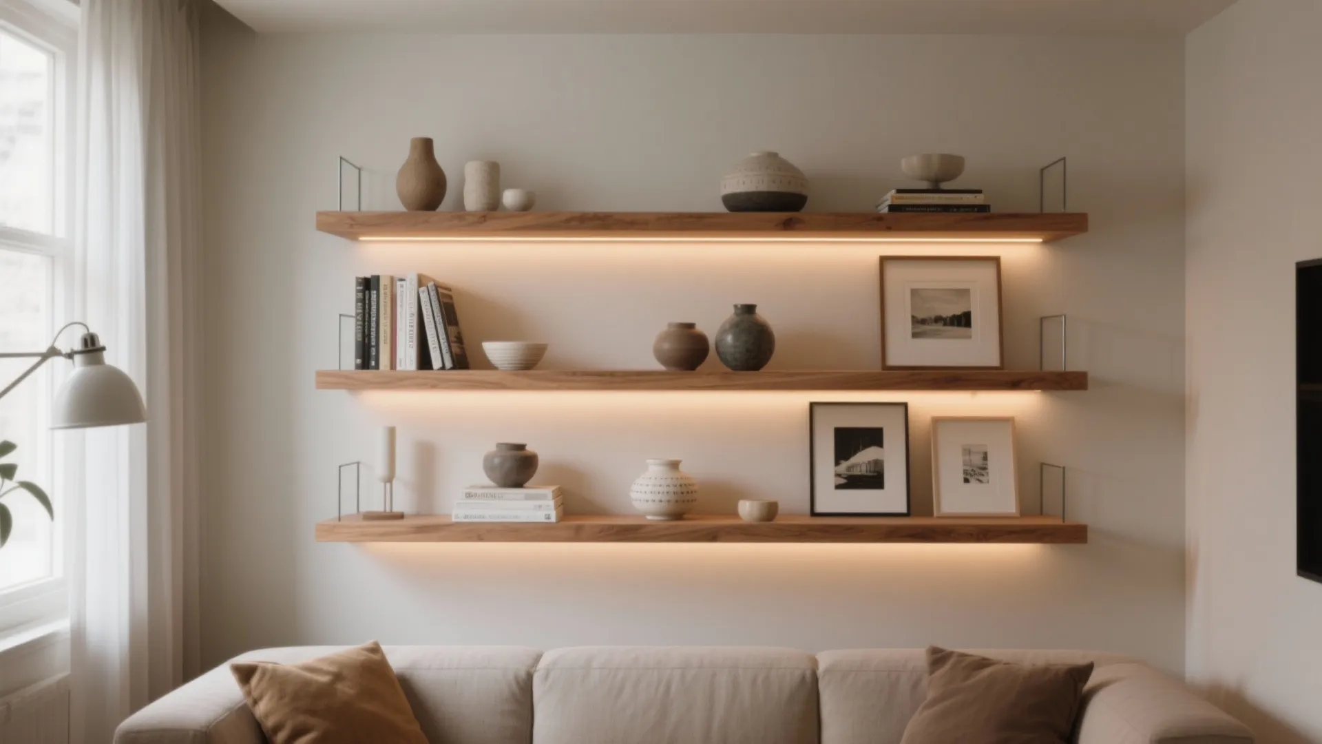 Minimalist shelving accent wall with hidden lighting