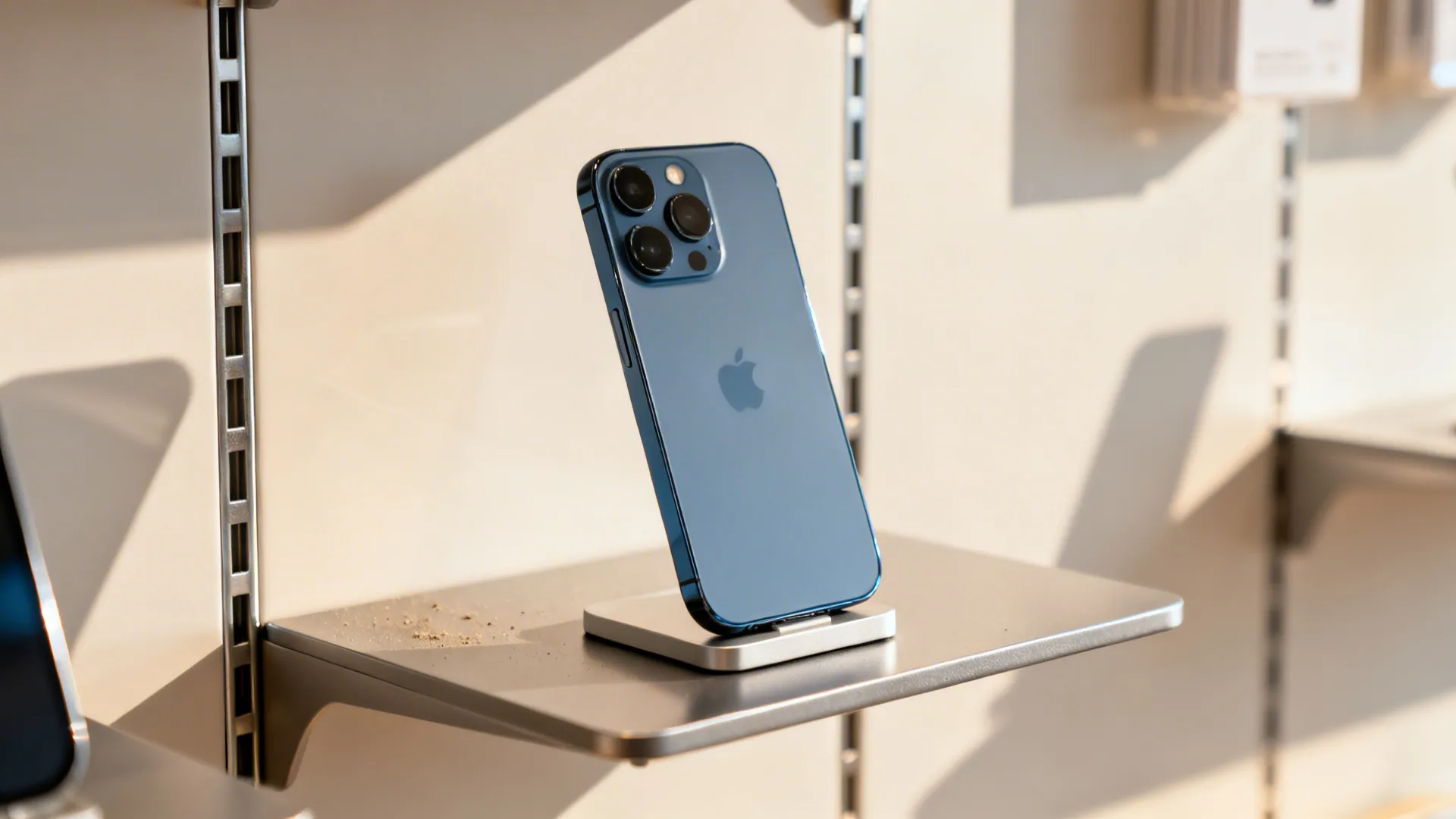 Macro of a matte floating shelf with a single hero smartphone on a riser.