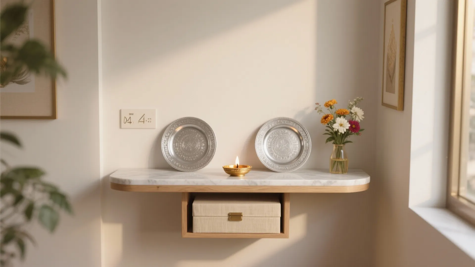 Minimalist wall shelf with marble top holding silver plates a candle flowers and storage box