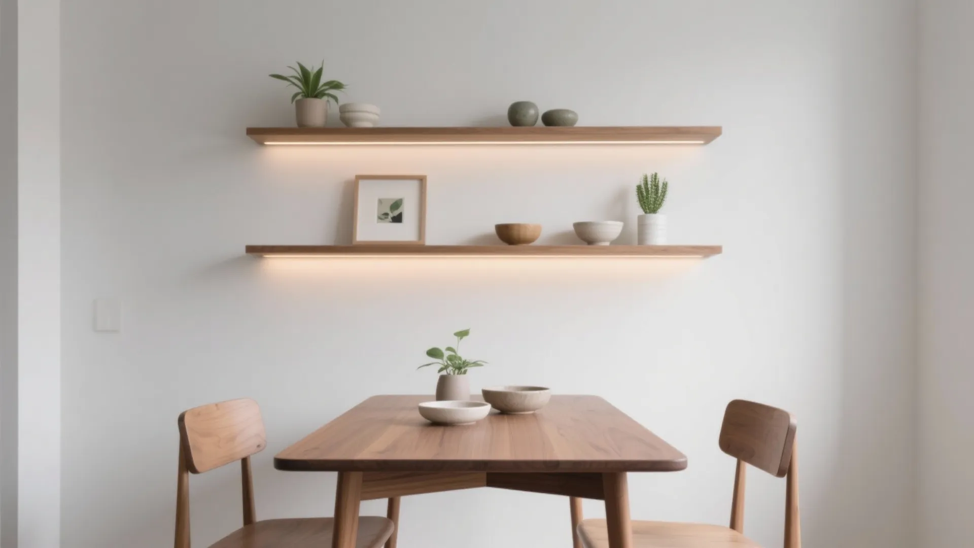 Minimalist Shelving Wall Behind the Dining Table