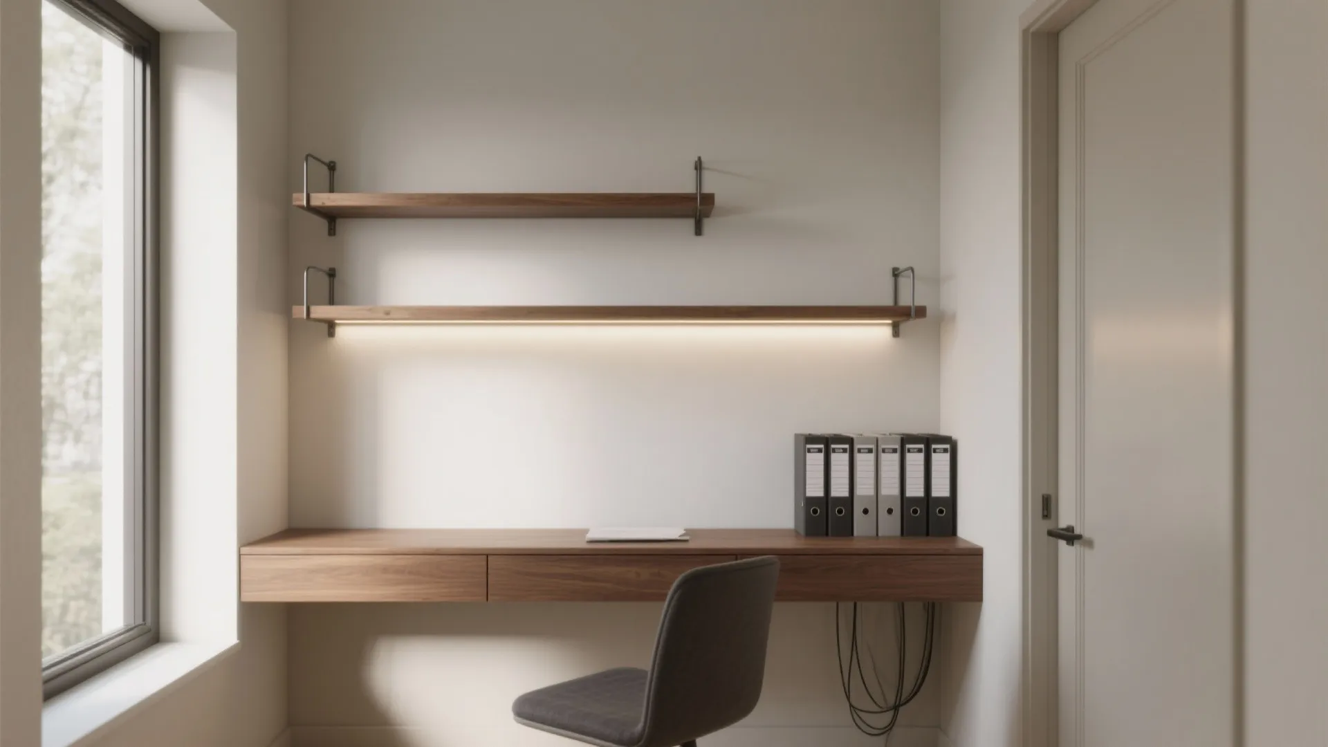 Minimalist wall shelving for calm focus