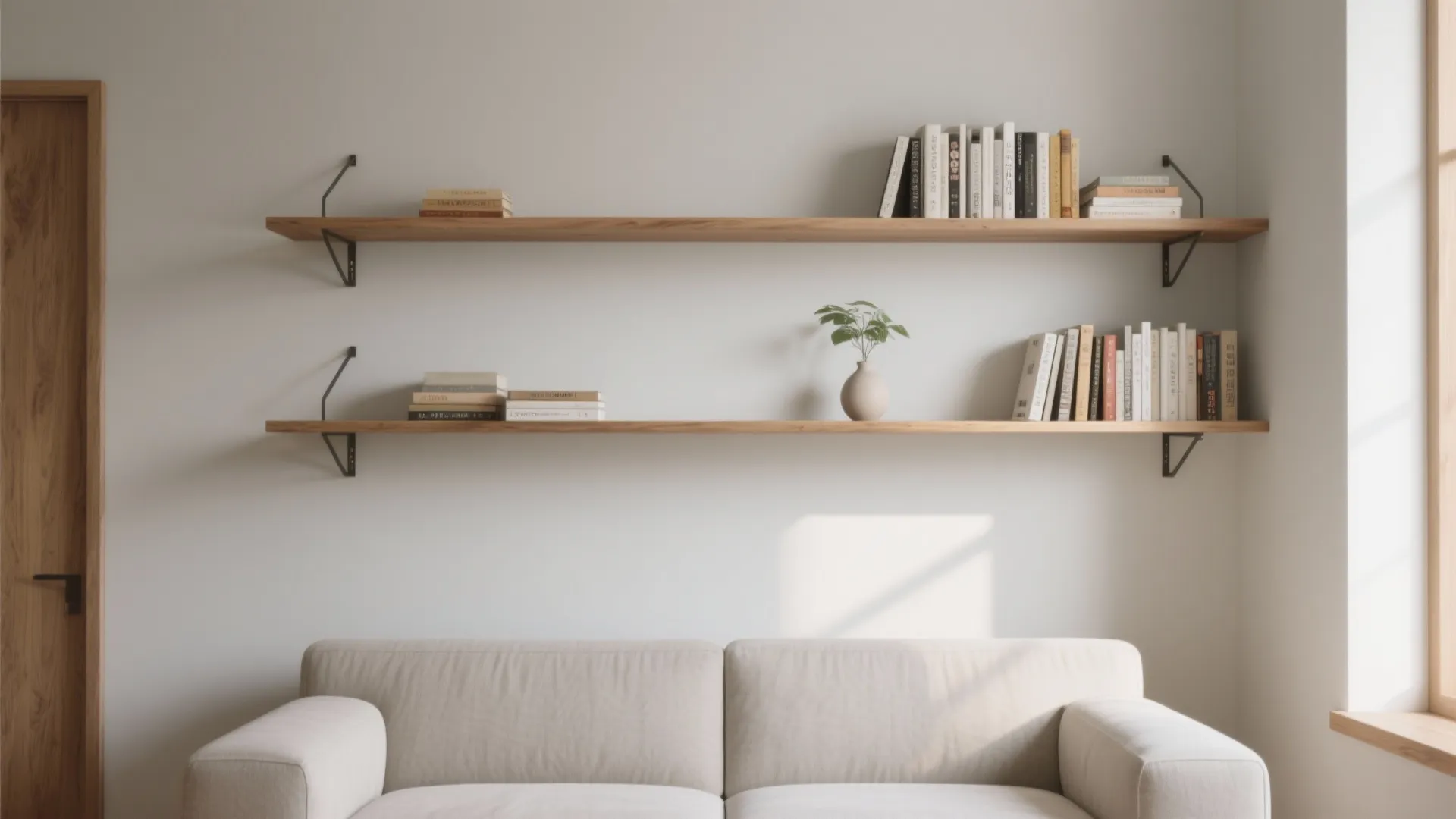 Minimalist living room featuring two wooden wall shelves holding books and a small green plant