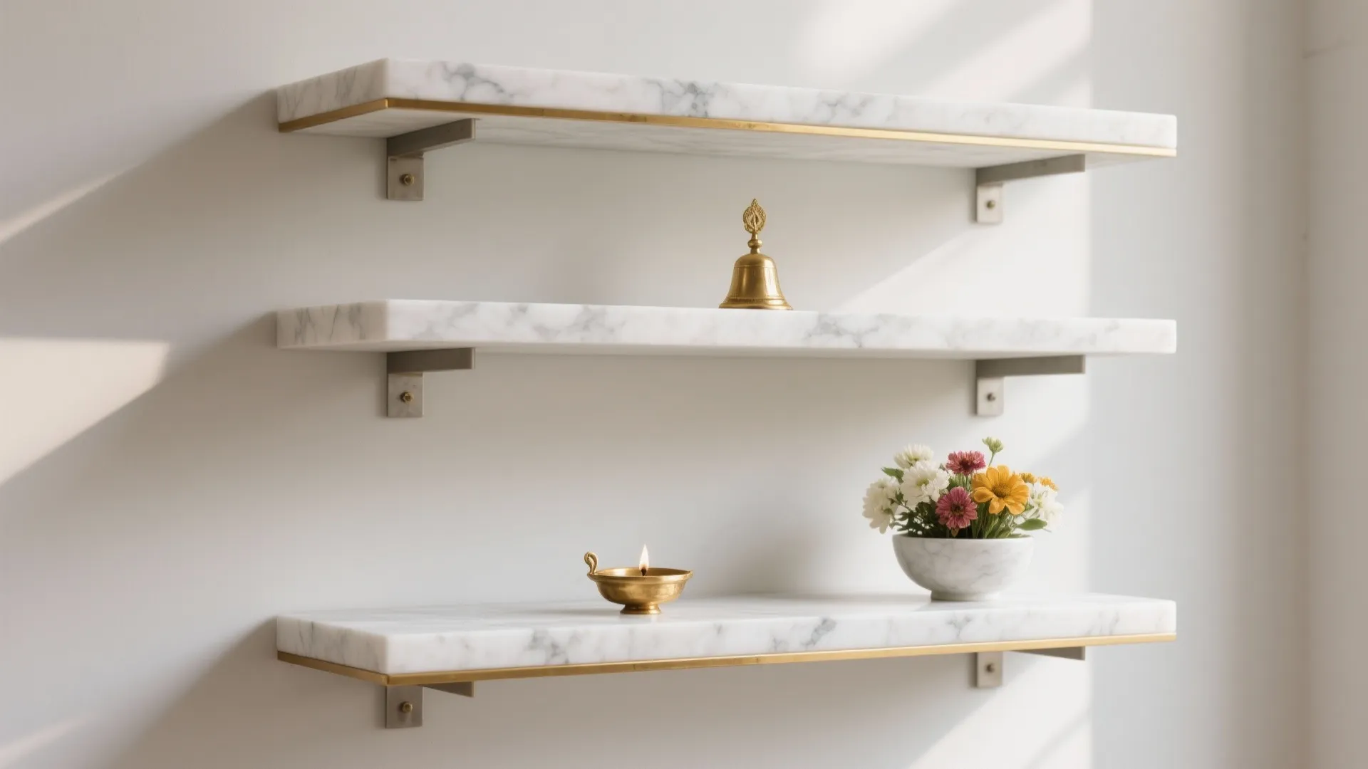 Minimalist Marble Shelf Mandir with Brass Accents