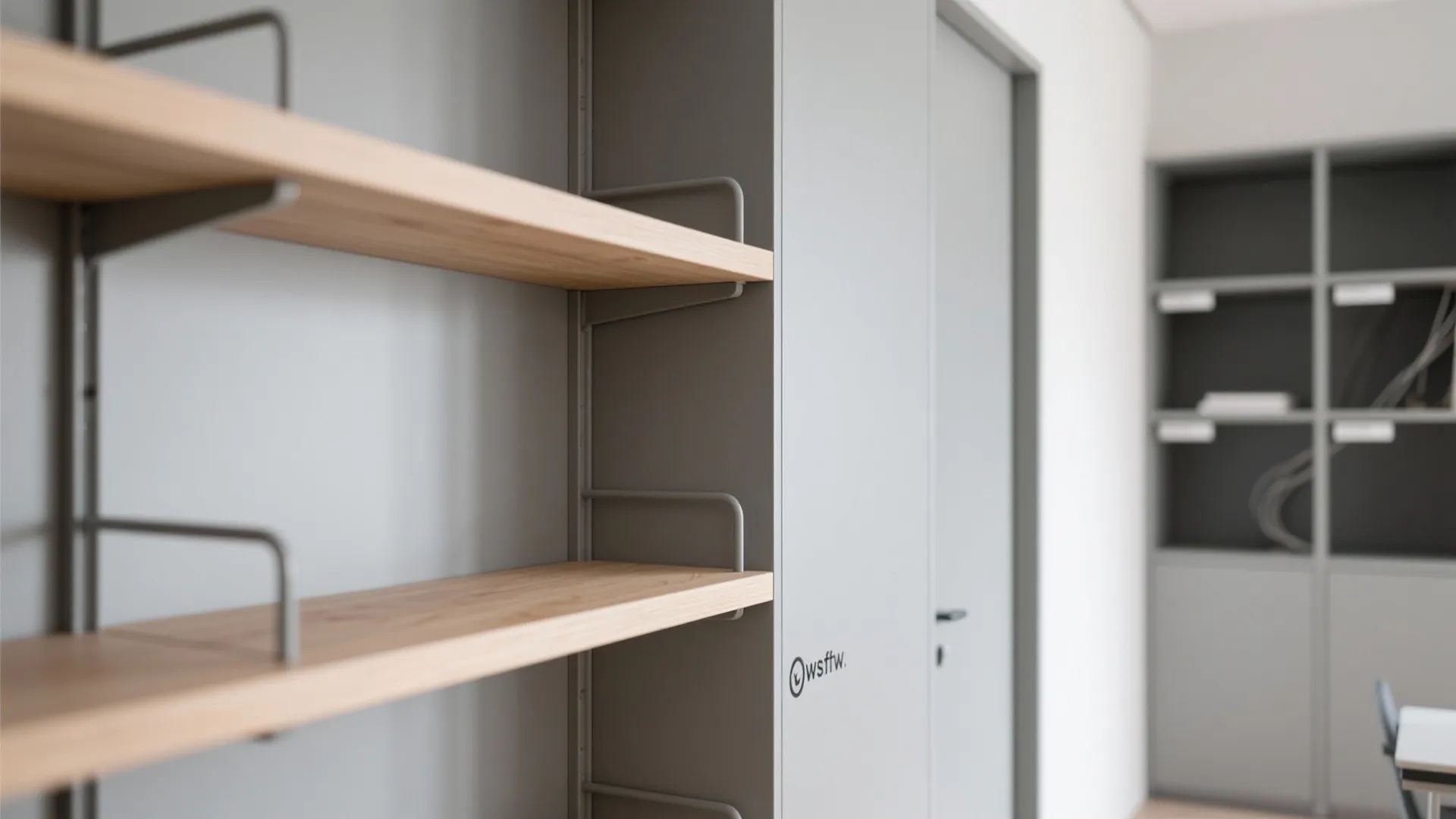 Modern office interior with wooden wall shelves grey cabinet doors and a large storage unit