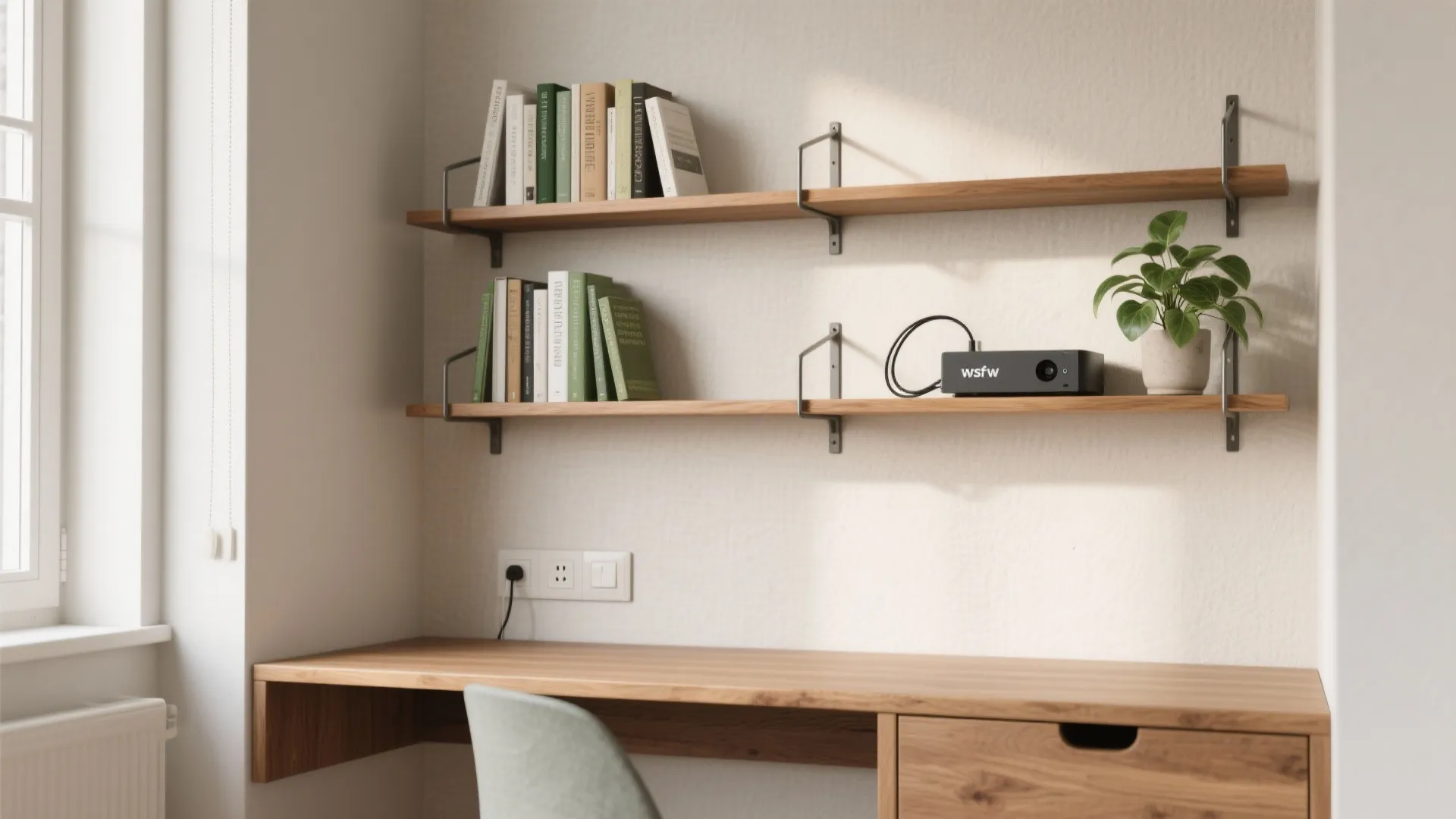 Minimalist shelving for study essentials