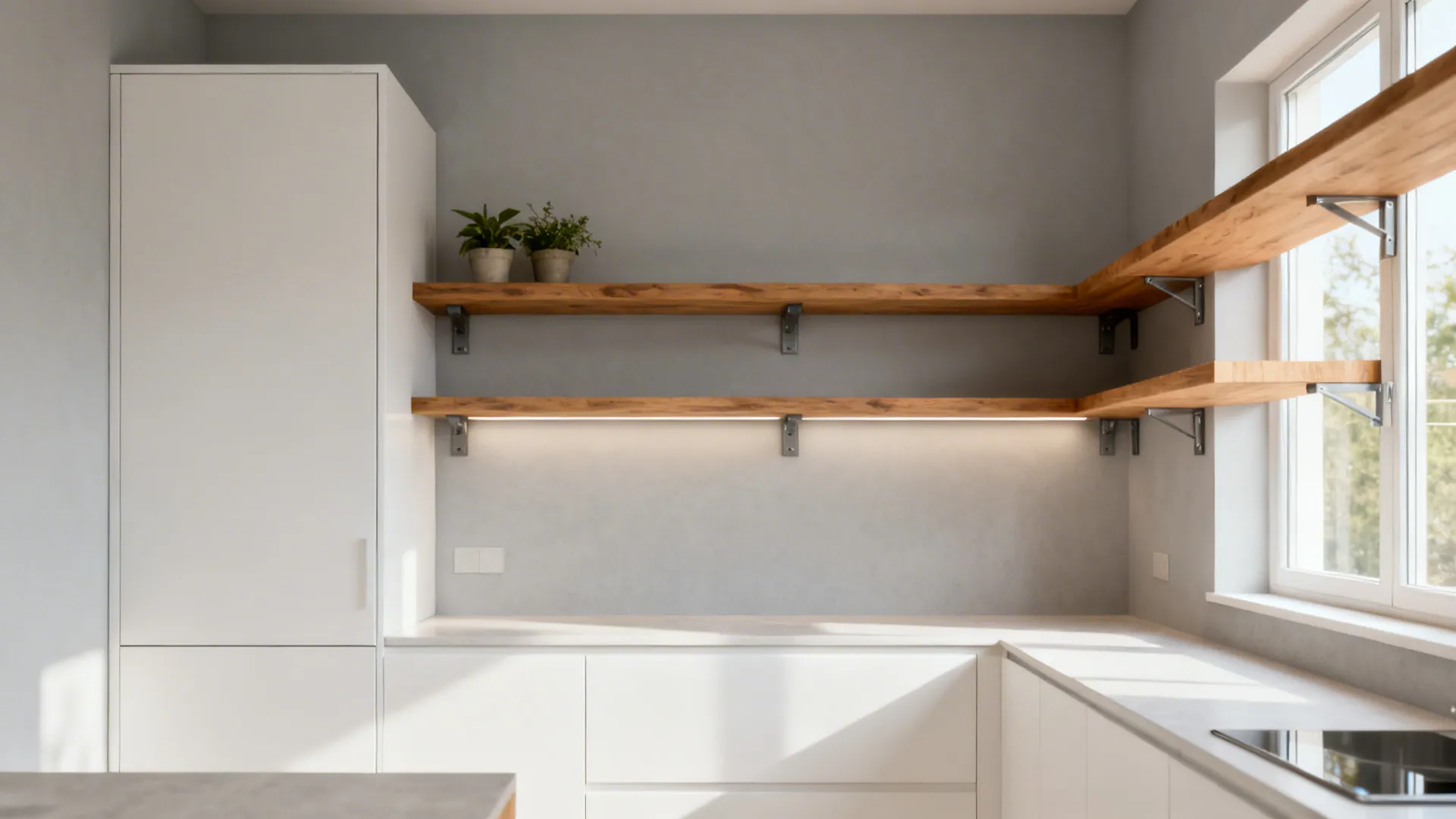 Minimalist micro-kitchen with slim open wood shelves by a window and a tall pantry opposite.