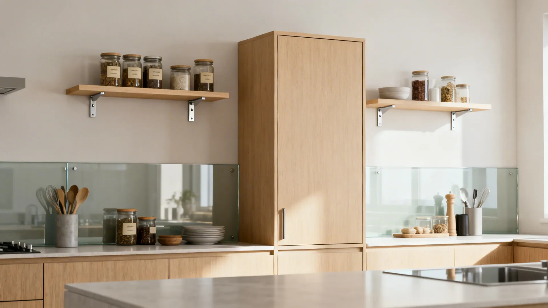 Modern kitchen with wood cabinets floating shelves storage jars glass backsplash and white stone countertops