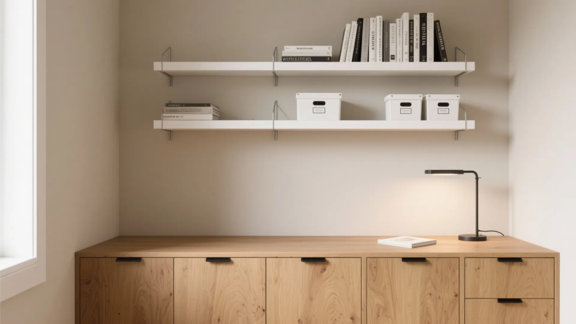 Minimalist shelving for study clarity