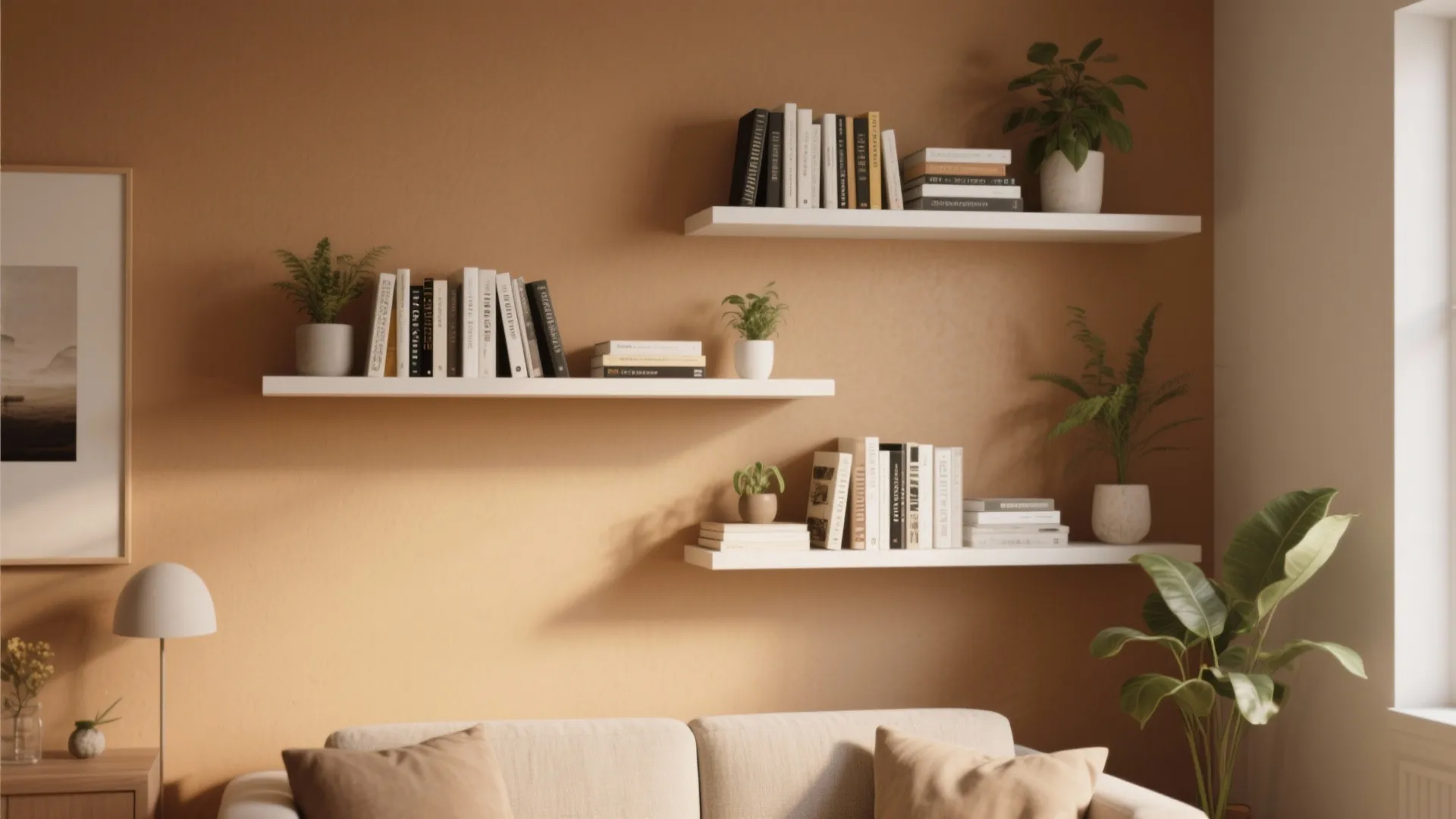 1. Minimalist Shelving Against Tan Walls