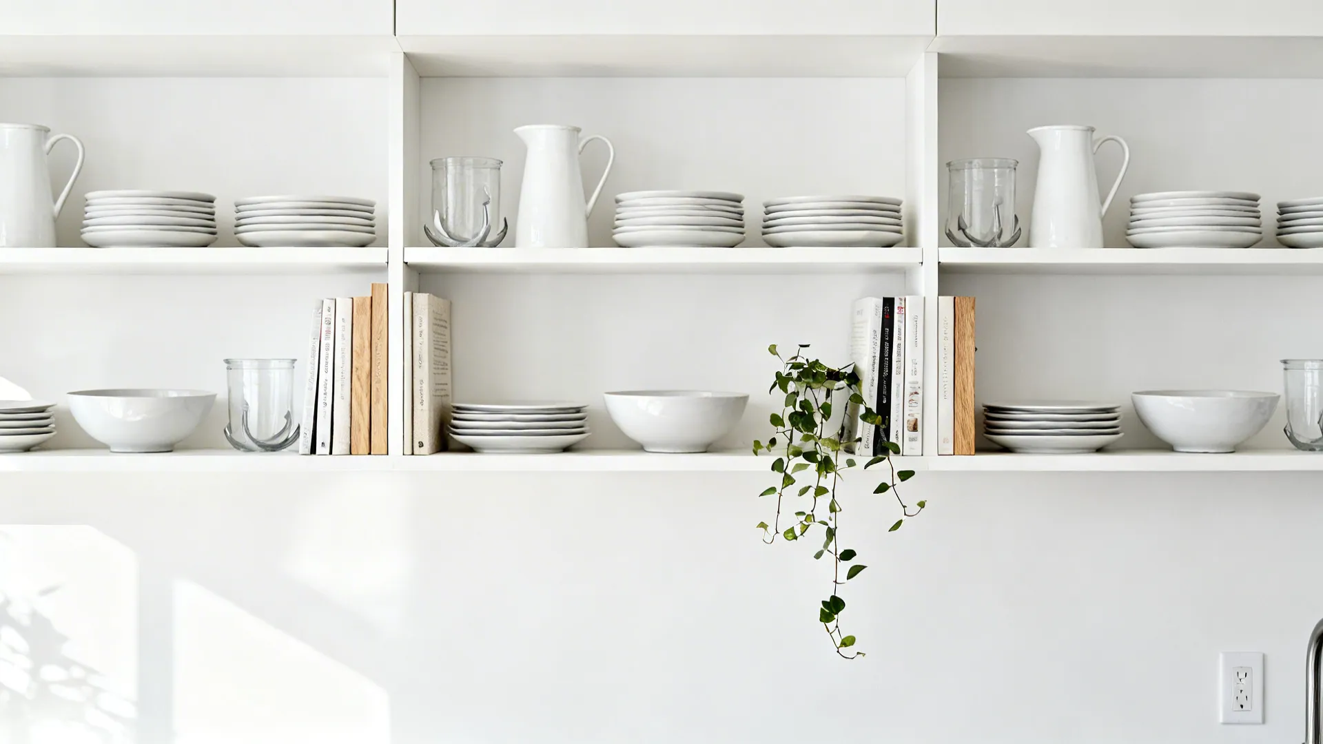 White kitchen shelves with neatly stacked white plates bowls books glasses and a green hanging plant