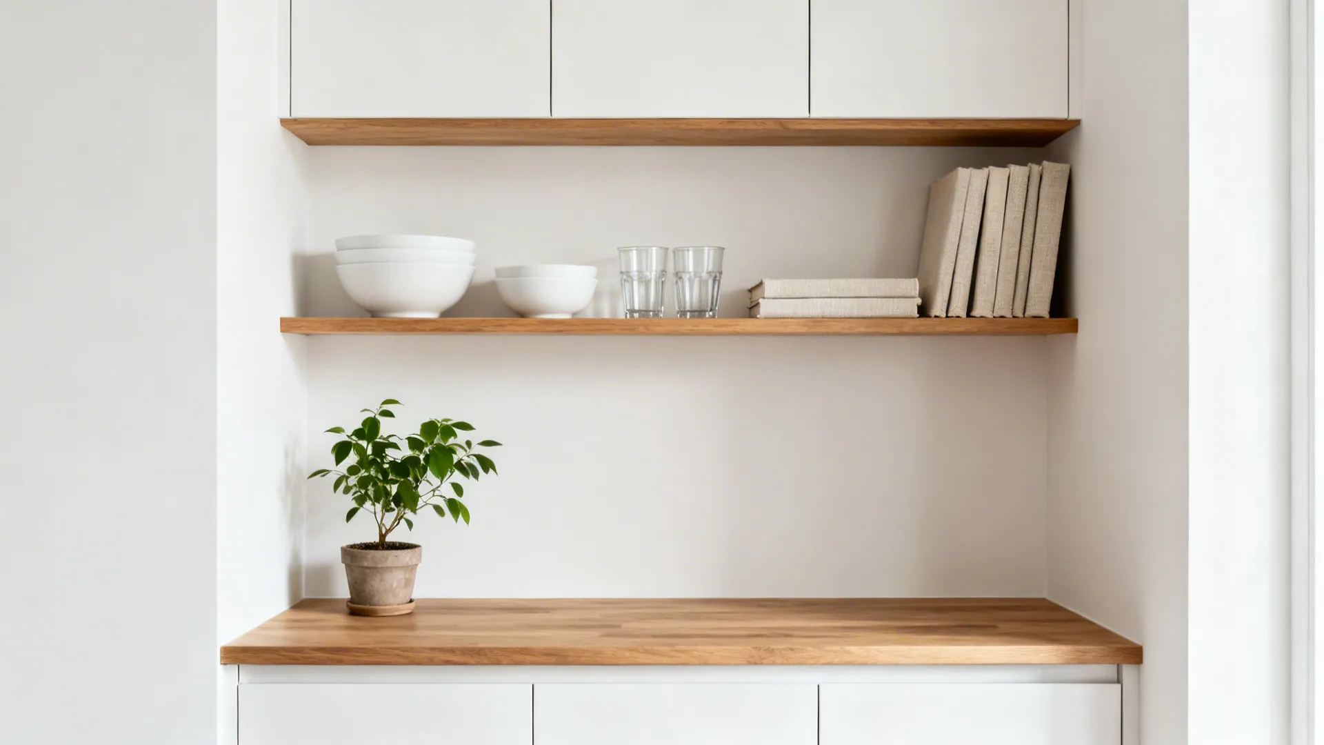 Slim oak shelves in a small kitchen displaying essential dinnerware, books, and a petite plant.