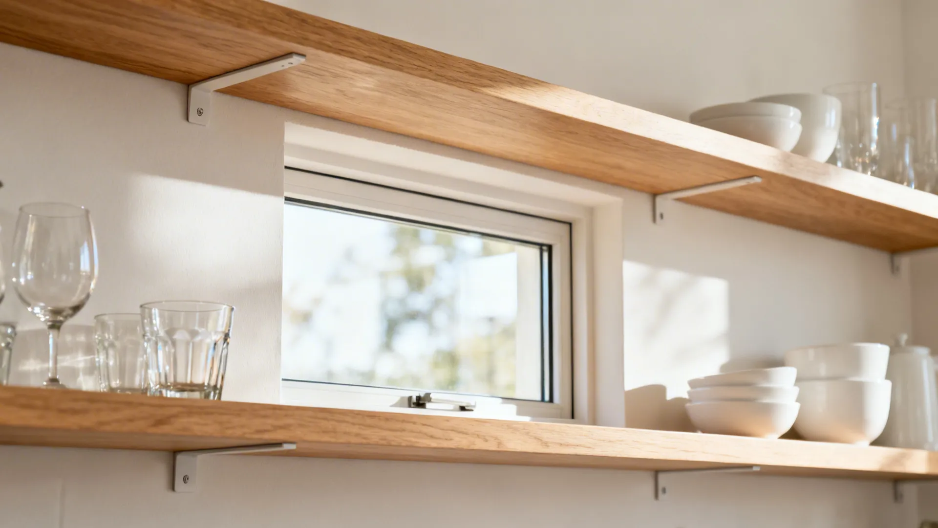 Slim light-oak shelves framing a small casement window with curated glassware and ceramics.