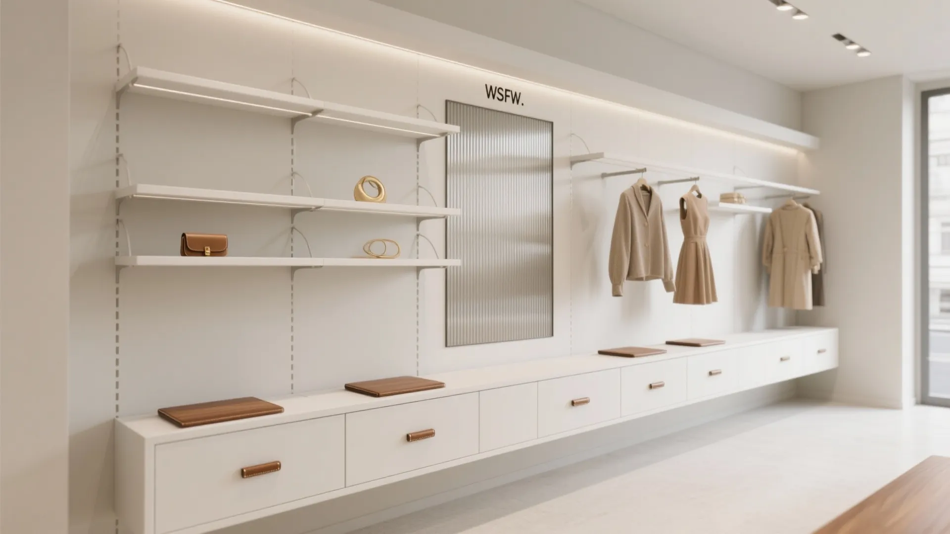 Minimalist clothing store interior with white shelving units wooden drawers and hanging neutral color dresses
