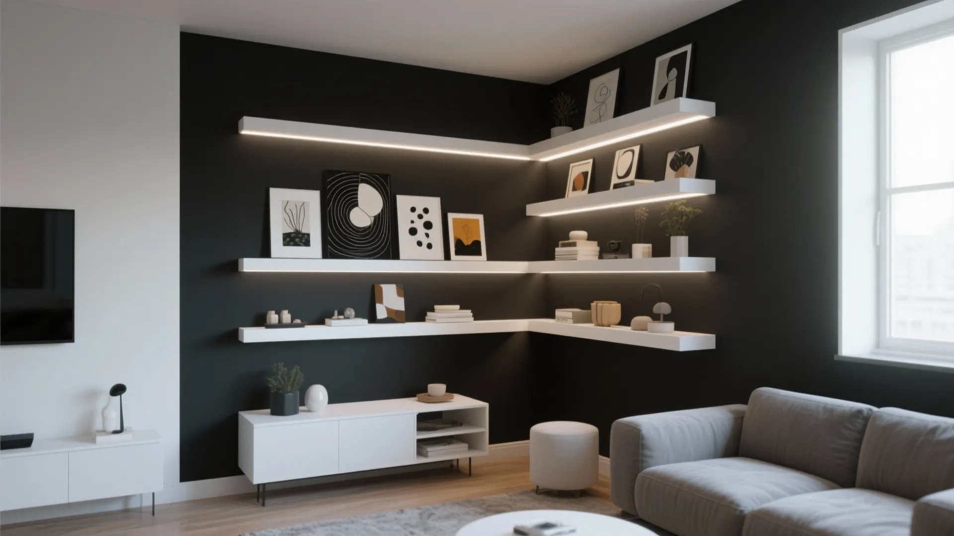 Modern black corner with white floating shelves featuring built-in lights art frames and grey sofa