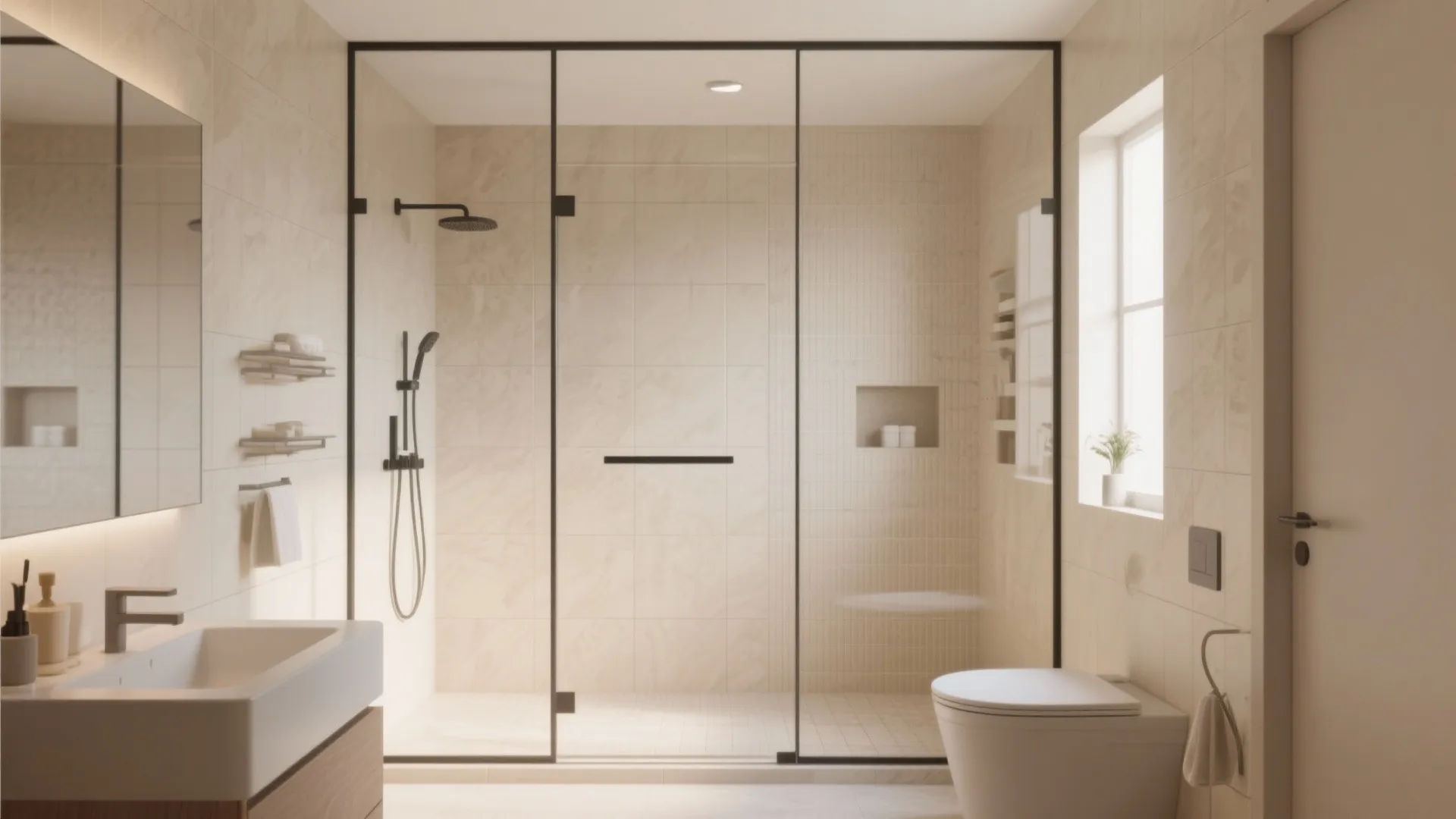 Modern minimal bathroom with glass shower door black fixtures white toilet and beige wall tiles