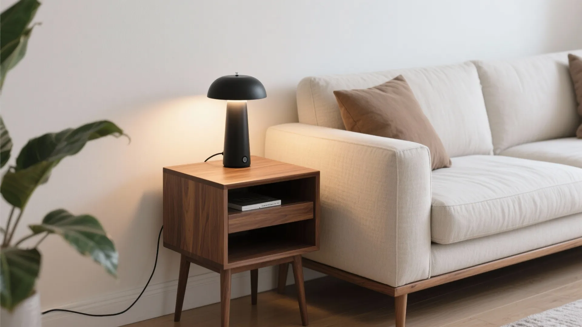 Small black lamp on wooden side table next to a white sofa with a pillow