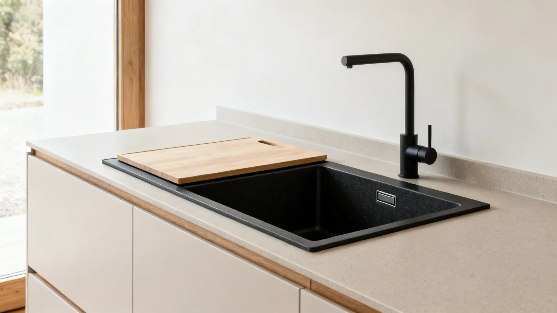 Minimalist matte black granite sink with a flush concealed drainer on a light greige quartz counter.