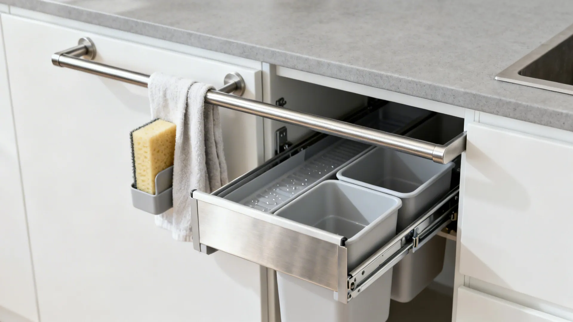 Slim stainless rail and tidy pull-out under-sink organizers in a minimalist kitchen.