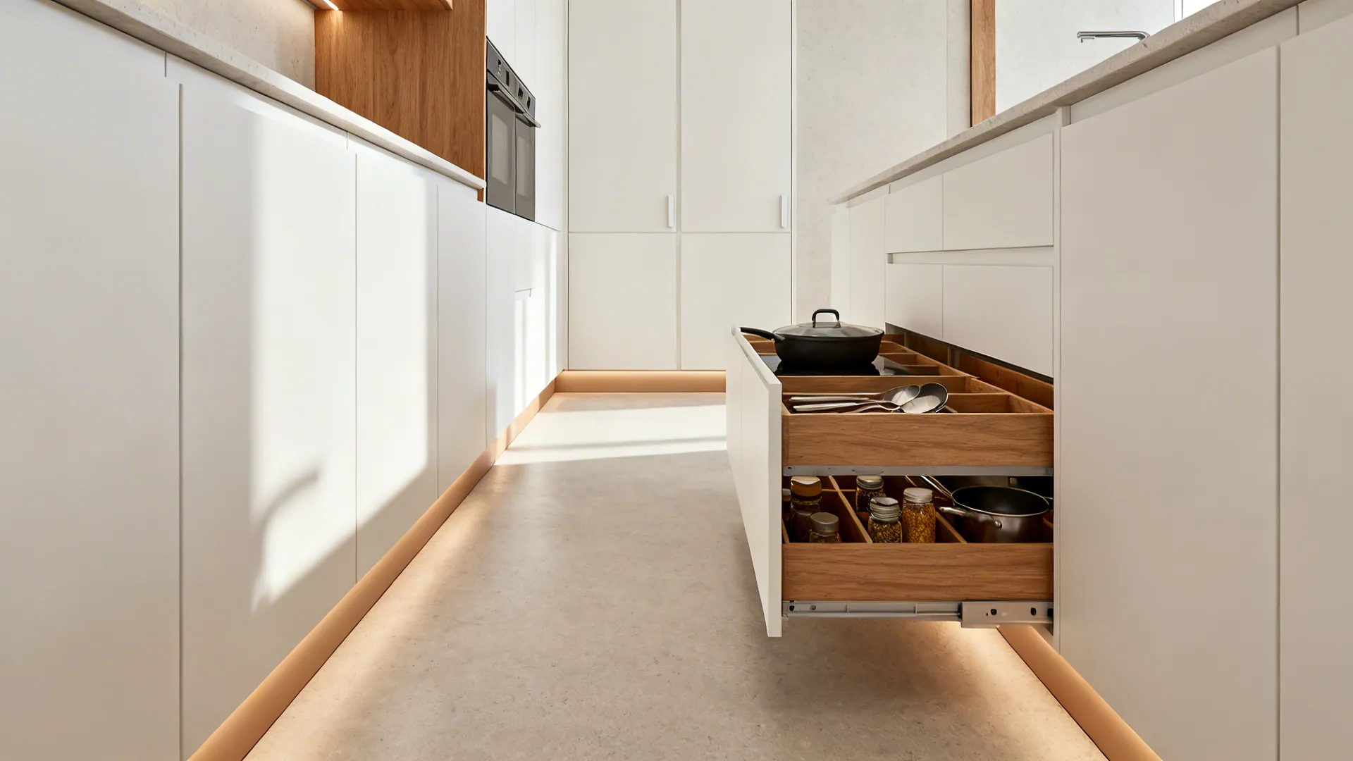 Narrow galley with slab-front cabinets, concealed pulls, and organized drawer interiors.