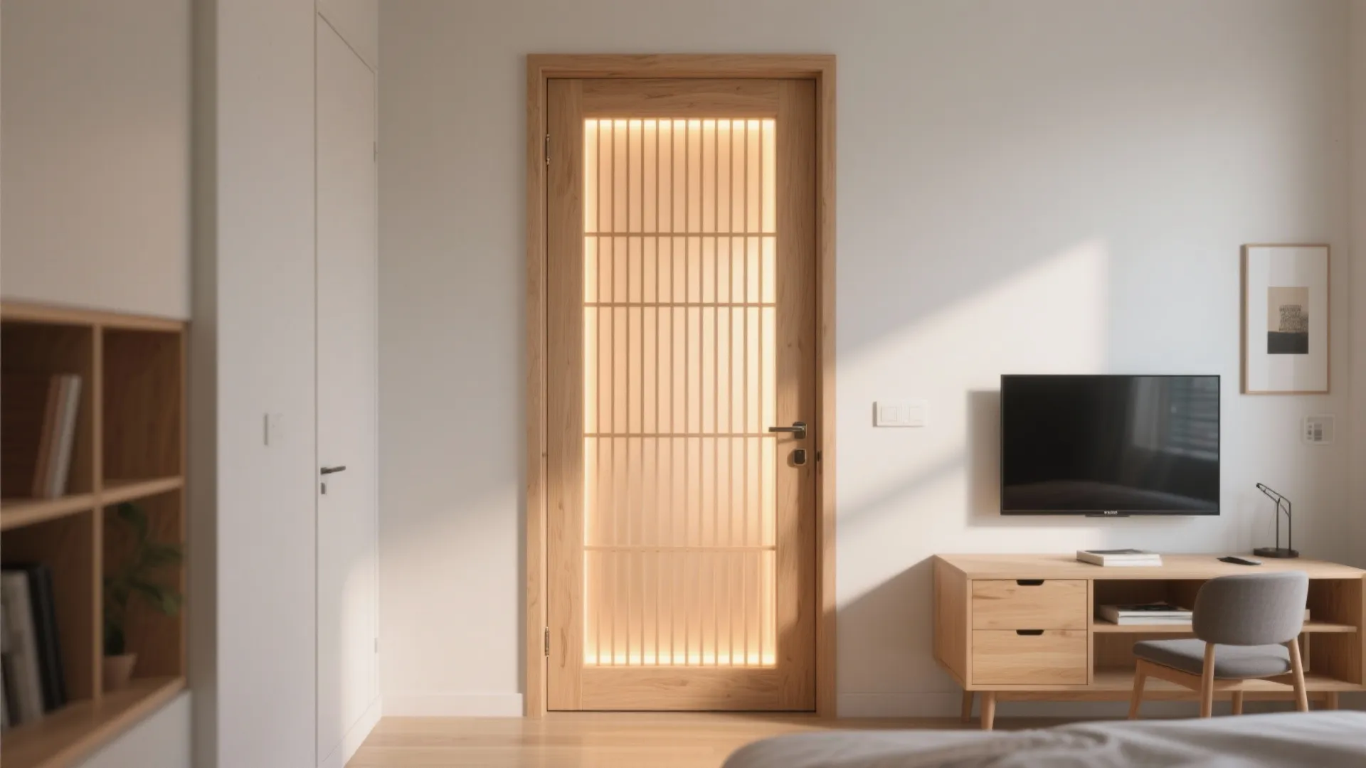 Minimalist vertical wooden slat pooja door with warm LED glow.