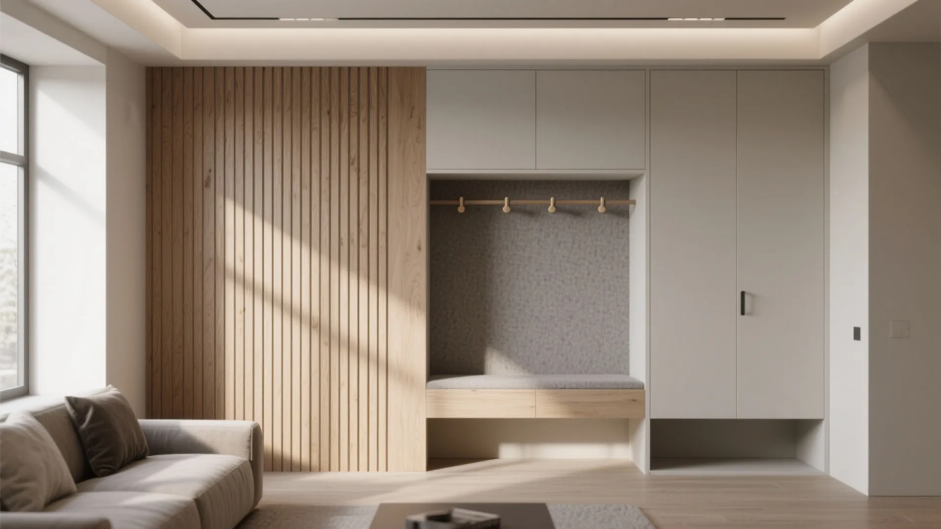 Minimal slat walls for storage and depth