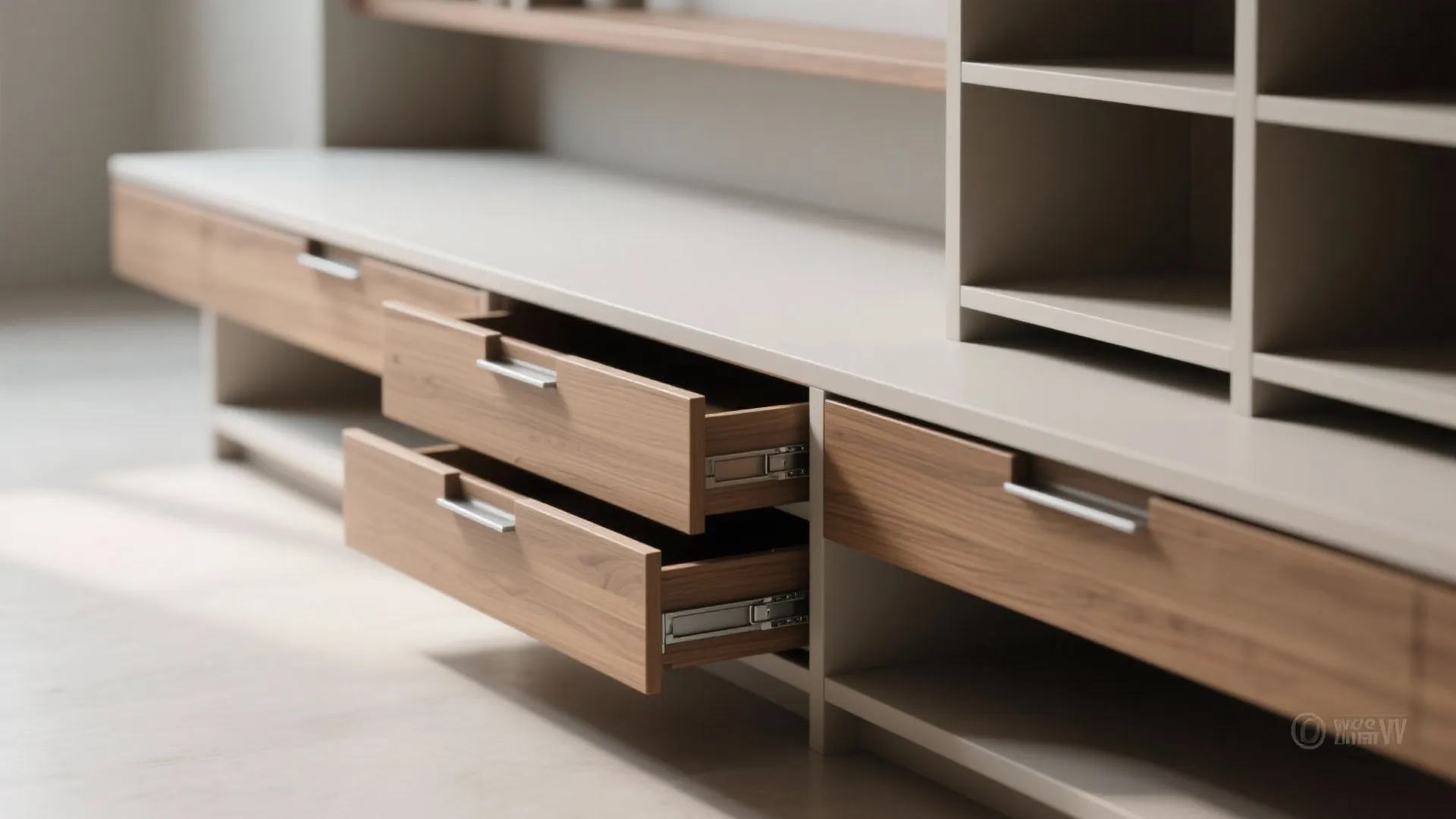 Close-up of a minimalist elevated platform showing low-profile sliding drawers and sleek hardware.