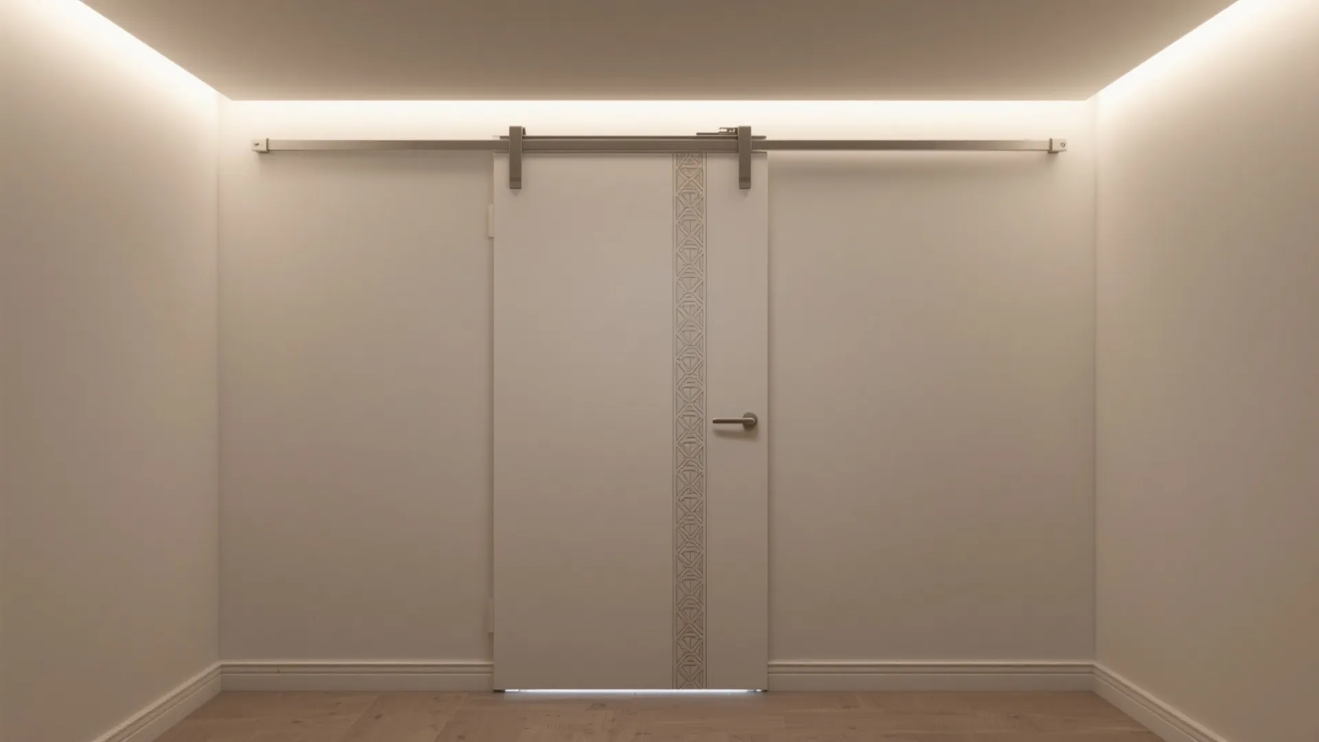 Top-hung sliding pooja door with a subtle etched motif band in a tiny apartment.