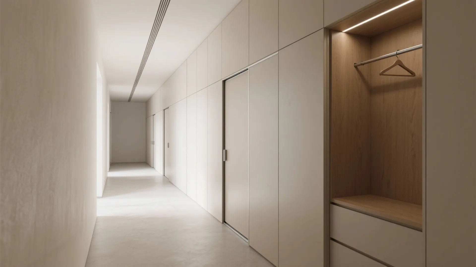 1) Minimal, built-in wall unit with sliding fronts